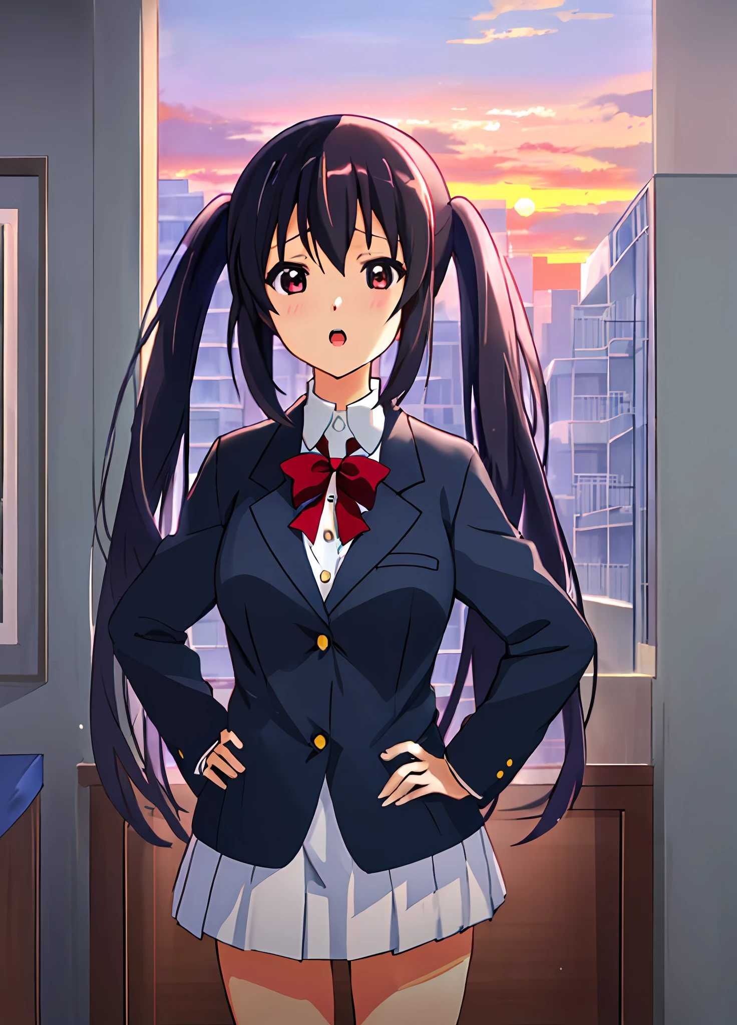 1girl, (((​masterpiece))), top-quality, top-quality, High Details, nakano azusa, 1girl, Sakuragaoka High School Uniform, student clothes, Twin-tailed, length hair, A dark-haired, brown-eyed, 独奏, reddish, Dark blue blazer with thin red ribbon, Solid white buttoned shirt under blazer, illustratio, comic strip, soothing tones, Subdued Color, Soft cinematic light, adobe lightroom, photolab, HDR, intricately and hyper-detailed、(((depth of fields))))。(((​masterpiece)))。(((top-quality))).)((ultra-detailliert)))。(((illustratio)))。(((takeout))).dynamic focus.big breasts.(((Skyscrapers))).(((A city scape))).(((Face of sadness))). open mouth.(((put hands on the hip))).(((up chest))).((evening glow)).((the setting sun)).