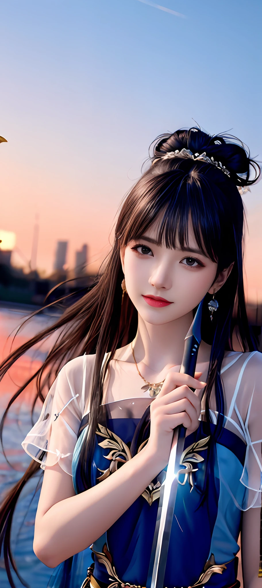 realisticity: 1.2), best quality, masterpiece, highres, cg, 1girl, weapon, sword, long hair, dress, water, solo, jewelry, blue dress, earrings, hair ornament, splashing, upper body super realistis, hair bun, blue and pink hair, city backgraun realistis, lighting,candid, Photograph, high resolution, 4k, 8k, Bokeh,