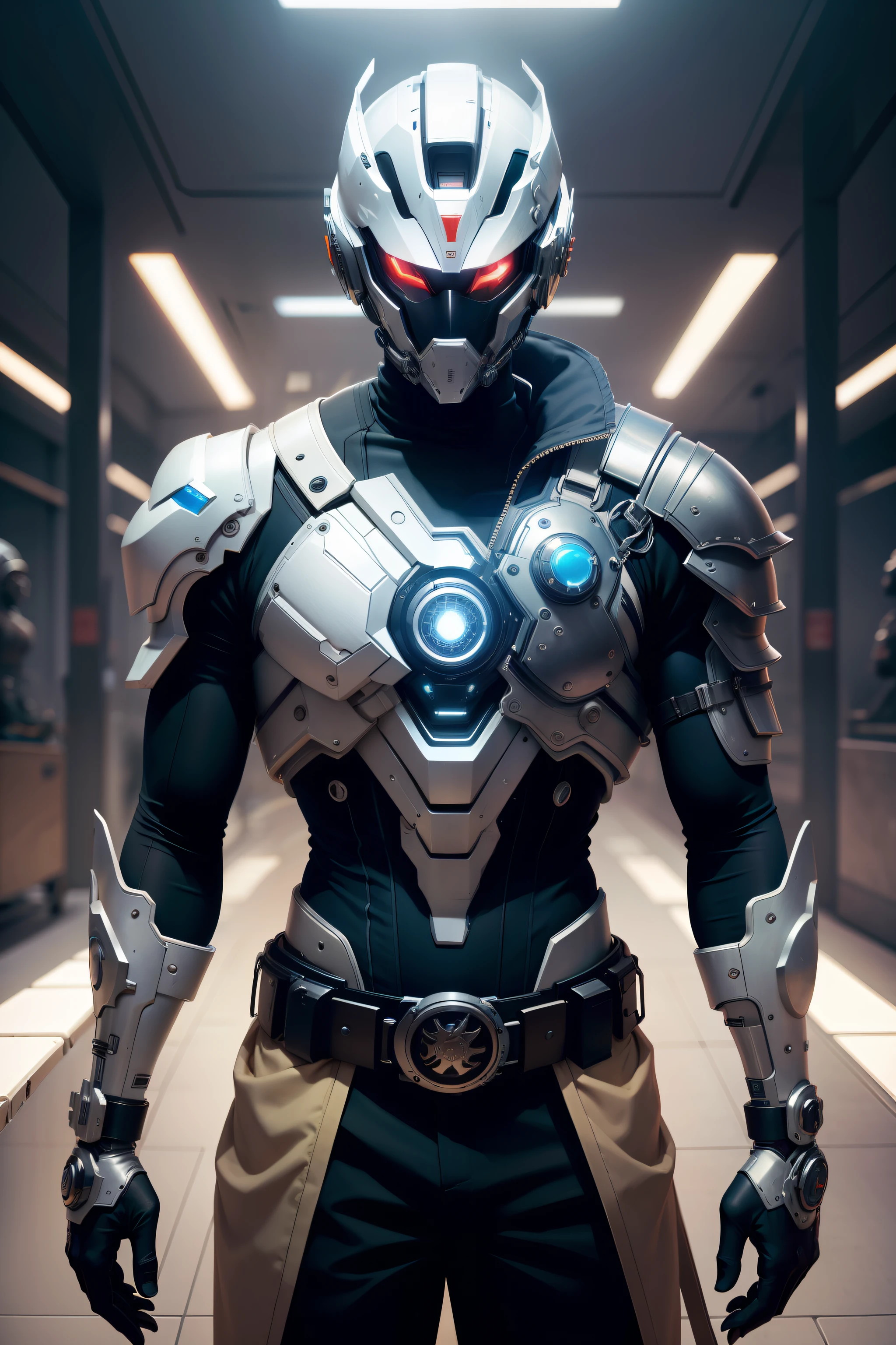 male people，复杂，Wear mechanical clothing，iintricate，Mechanical Warrior，obi strip，Complex masks，Gorgeous belt，a gorgeous，Complex technical exoskeleton，Intricate cloak，Complex full-wrap helmet，volumettic light，human - shaped，volumettic light，future-tech，Off-white body，a gorgeous，Exaggerated，makina，fender，Mechanical belts，The futuristic and sci-fi feel of the futuristic body，