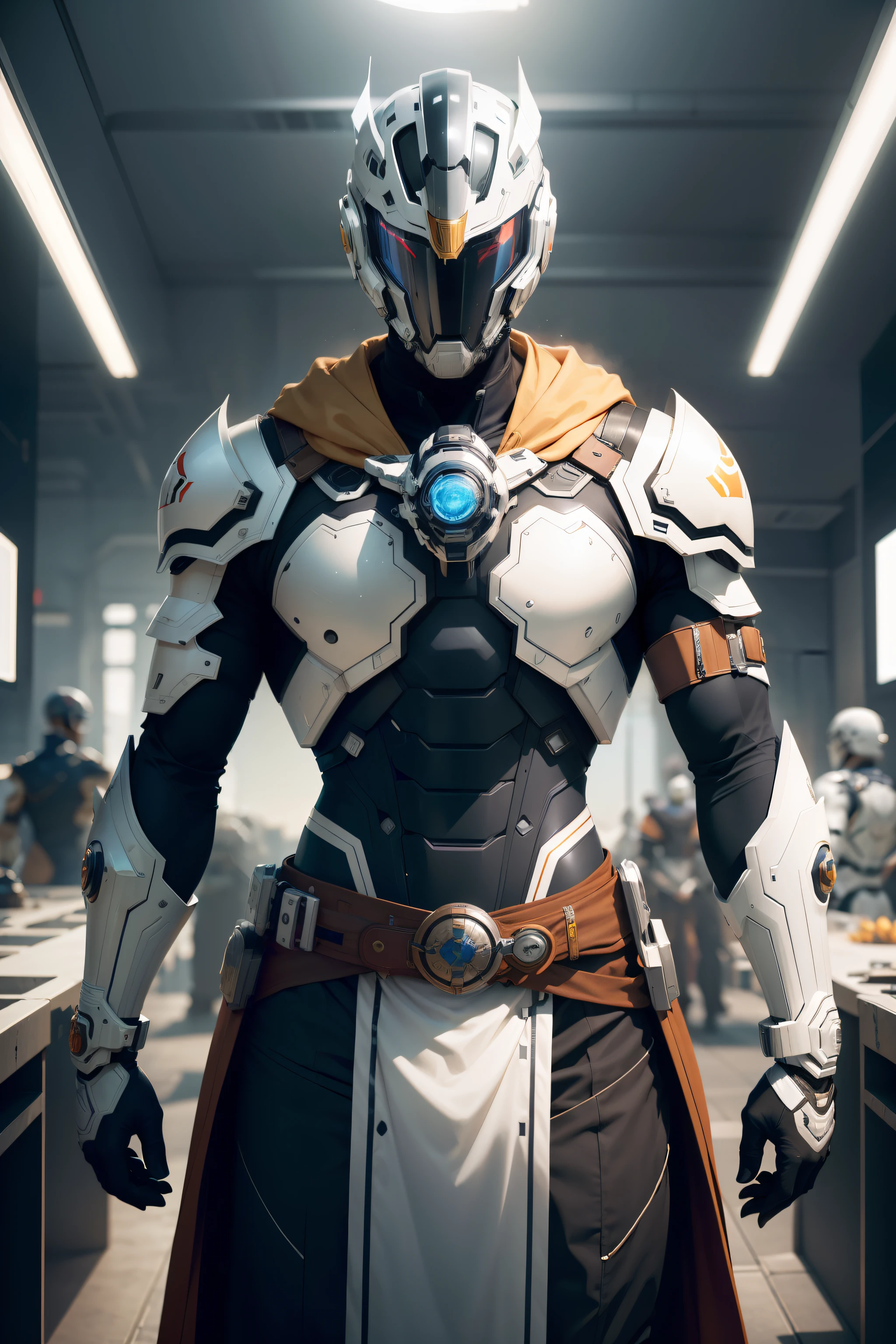 male people,Mechanical Warrior,obi strip,Complex masks,Gorgeous belt,a gorgeous,Complex technical exoskeleton,Intricate cloak,Complex full-wrap helmet,volumettic light,human - shaped,volumettic light,future-tech,Off-white body,a gorgeous,Exaggerated,makina,dashboard,Machine belt,