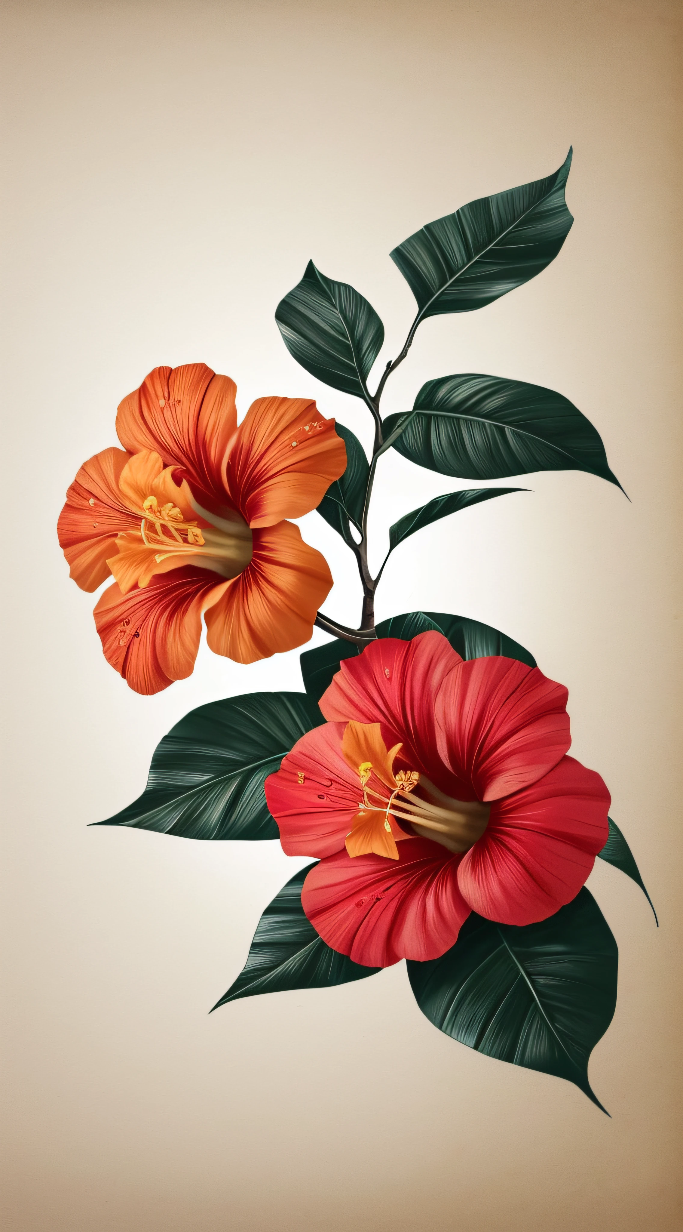 hibiscus flower blooming on a gnarled branch against a grey background, simple background, in the style of light orange and light beige, minimalist images, photography installations, paleocore, green and crimson, hyper-realistic, poetic intimacy