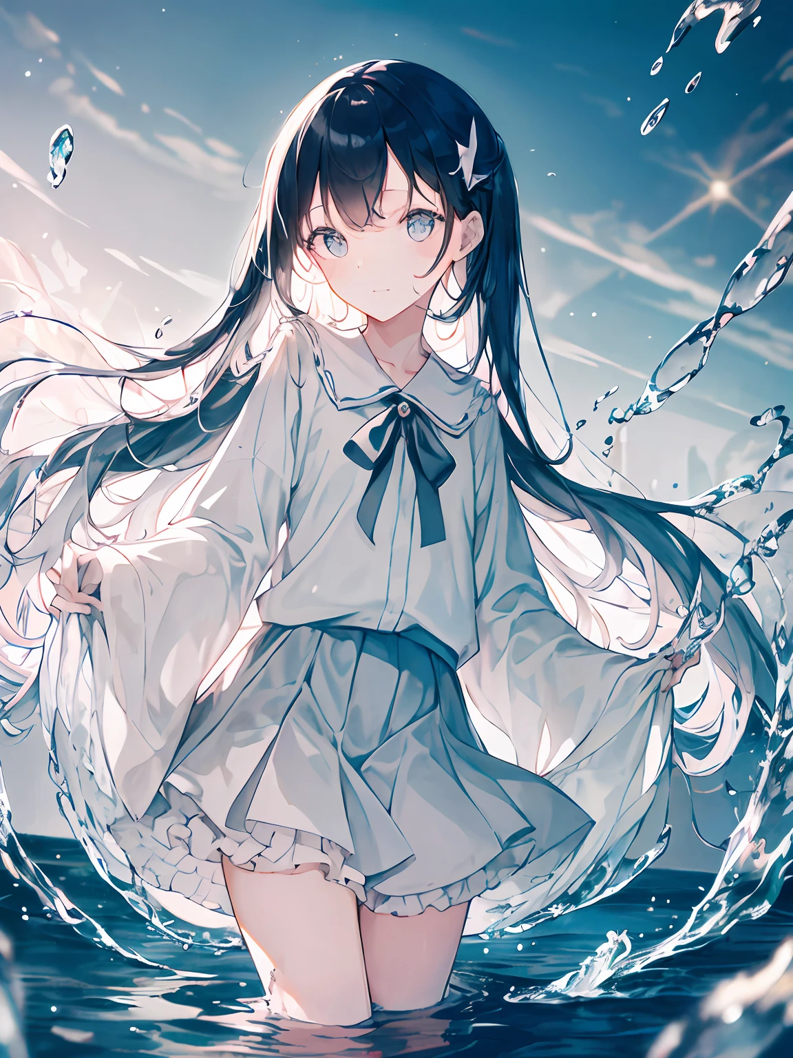 (Background with), tmasterpiece, best qualtiy, illustration, the wallpaper, Hyper-detailing, absurderes, 1girll, 独奏, (liquid hair:1.2), beatiful detailed eyes,
By bangs, cow boy shot, long whitr hair, magical , whaite hair, wave, Eau, drippy, Looks to the side, wading,
(the street:1.5), suns, mostly cloudy sky,The barefoot