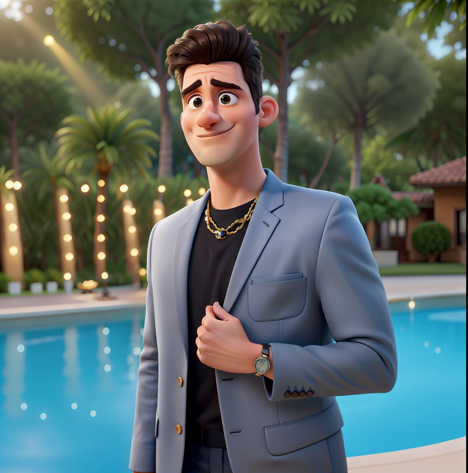 obra prima, Um retrato de um belo jovem, elegante, rosto bem iluminado, aproximadamente 25 anos, cabelos preto liso, Stunning ultra definition details, pele branca, olhos castanhos, wearing a high definition suit of excellent quality in black color, Enhancing your well-lit high-definition skin with cinematic lighting, profesional lighting, studio illumination, Estilo Pixar, Disney, olhos castanhos bem destacados, Pixar style in high definition pixar style, Disney in Ultra Definition, In the background trees and a very beautiful mansion in white color, qualidade 8K ultra-detalhada