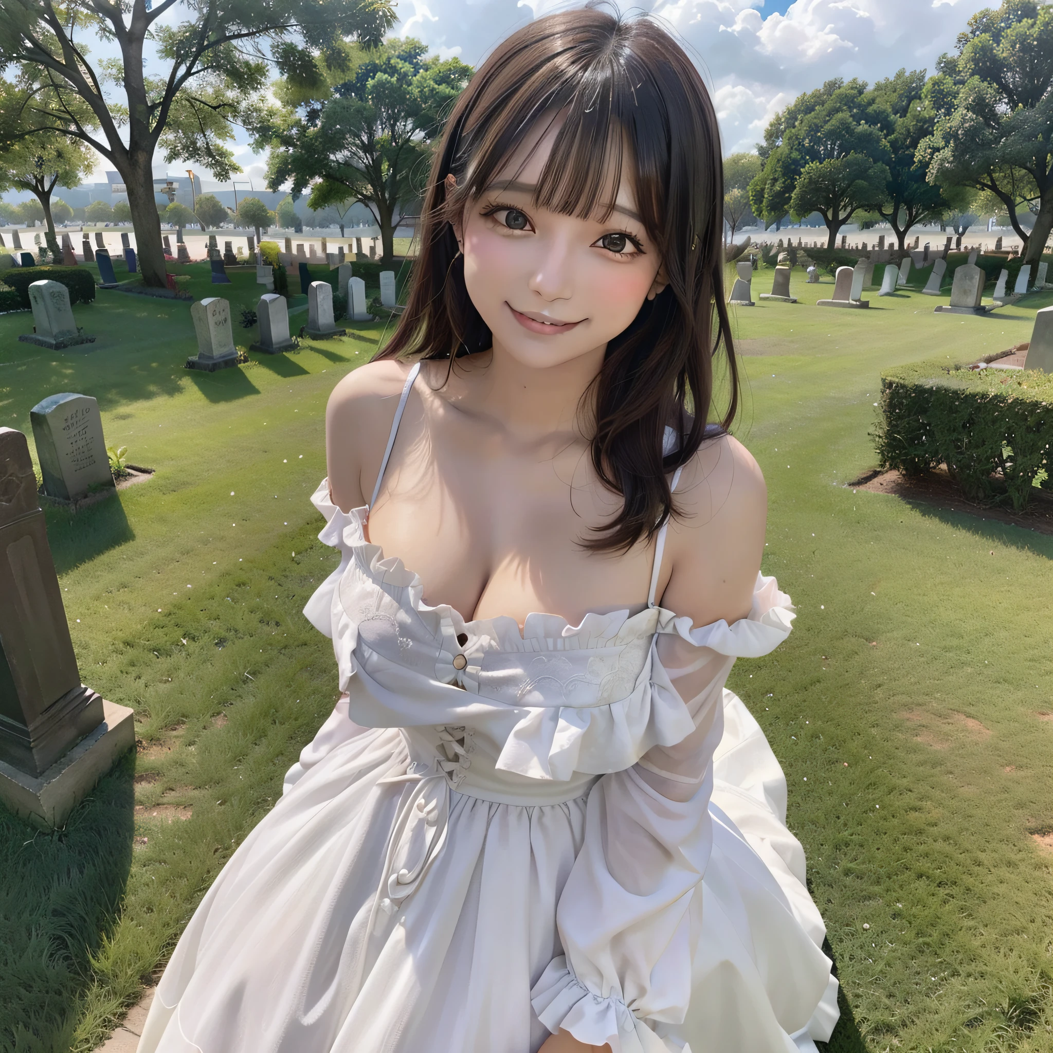 There is a resurrected girl who is inside the cemetery, (8k, foto RAW, melhor qualidade, obra-prima: 1.2), (realista, foto-realista: 1.37), ultra-detalhado, 1 , bonito, solo, sky with thunder, noite, sentado, namoro, (nariz corado), (sorriso feliz), middlebreasts, belos olhos detalhados, vestido branco de seda, gatos miando,