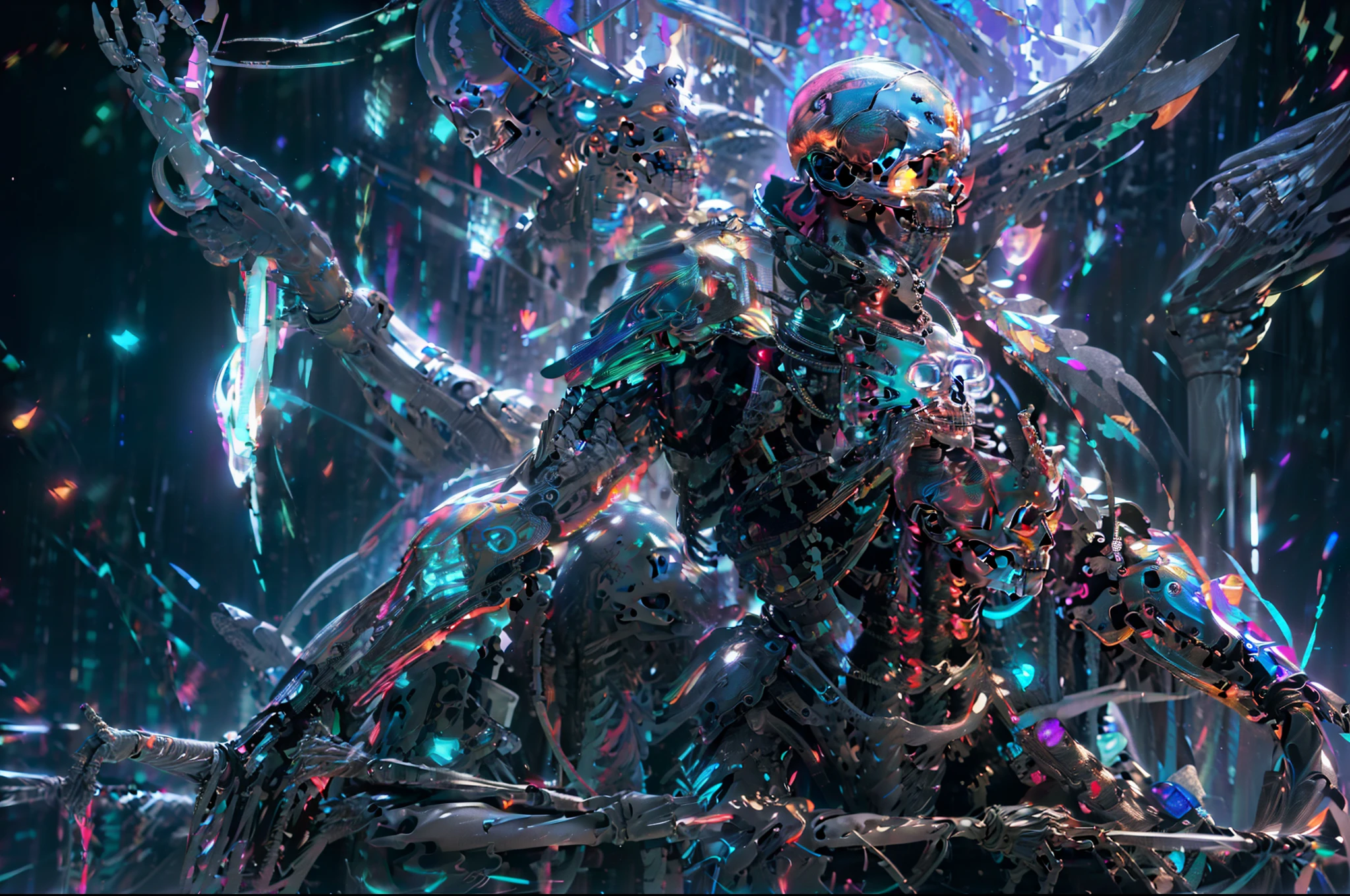 (masterpiece, top quality, best quality, official art, beautiful and aesthetic:1.2),(1man with full armor:1.3),neon lighting, (vibrant glow:1.2), extreme detailed,colorful,highest detailed ((ultra-detailed)), (highly detailed CG illustration),cinematic light,solo,(machine made joints:1.2),((machanical limbs)),(blood vessels connected to tubes),(character focus),science fiction,skeleton style,