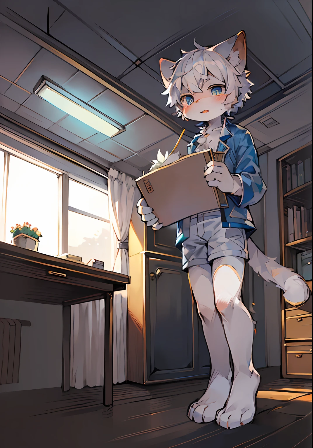 (Bright environment:0.8),Masterpiece,High quality,abstract res,Digital painting\(artwork of a\), by Dagasi, Yupa,Kiyosan,(anthro,Fluffy fur,Character focus:1.1),anthro male cat,Short hair,Portrait , eyes with brightness, in a panoramic view, Character focus.(detailedbackground:0.7), Hold the folder, shaggy, shaggy male, malefocus, anthr,(Full Body Furry, a cat tail, White fur, Blue-gray heteropupil, Off-white hair:1.2), (felid、Muppet cat、Lab suits、neko boy:1.2),(interiors、eventide、Lab Room、Office desk:1.1)