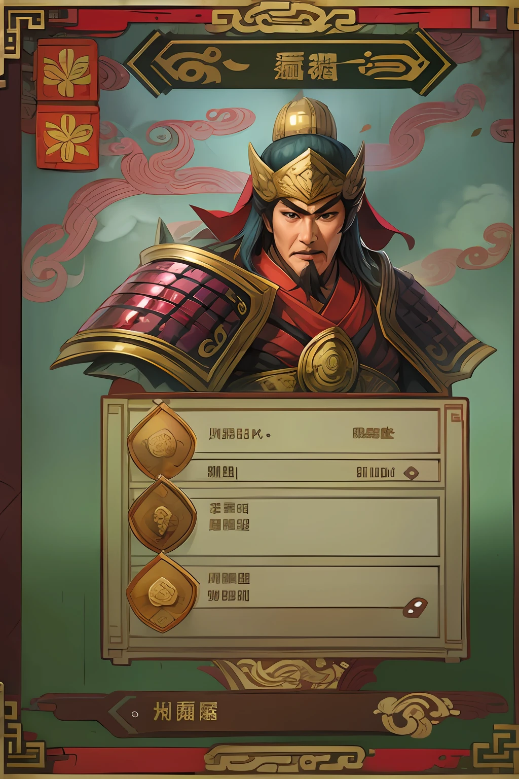 Card design、Below is the UI text box,1 Chinese male,Three Kingdoms style:1.2,Ancient Chinese background,A meticulous face,arma,Libido boy,shelmet,malefocus,armour,solo person,cloaks,scabbard,musculous,A detailed eye,Card background、对称,High picture quality,tmasterpiece,best qualtiy,超高分辨率