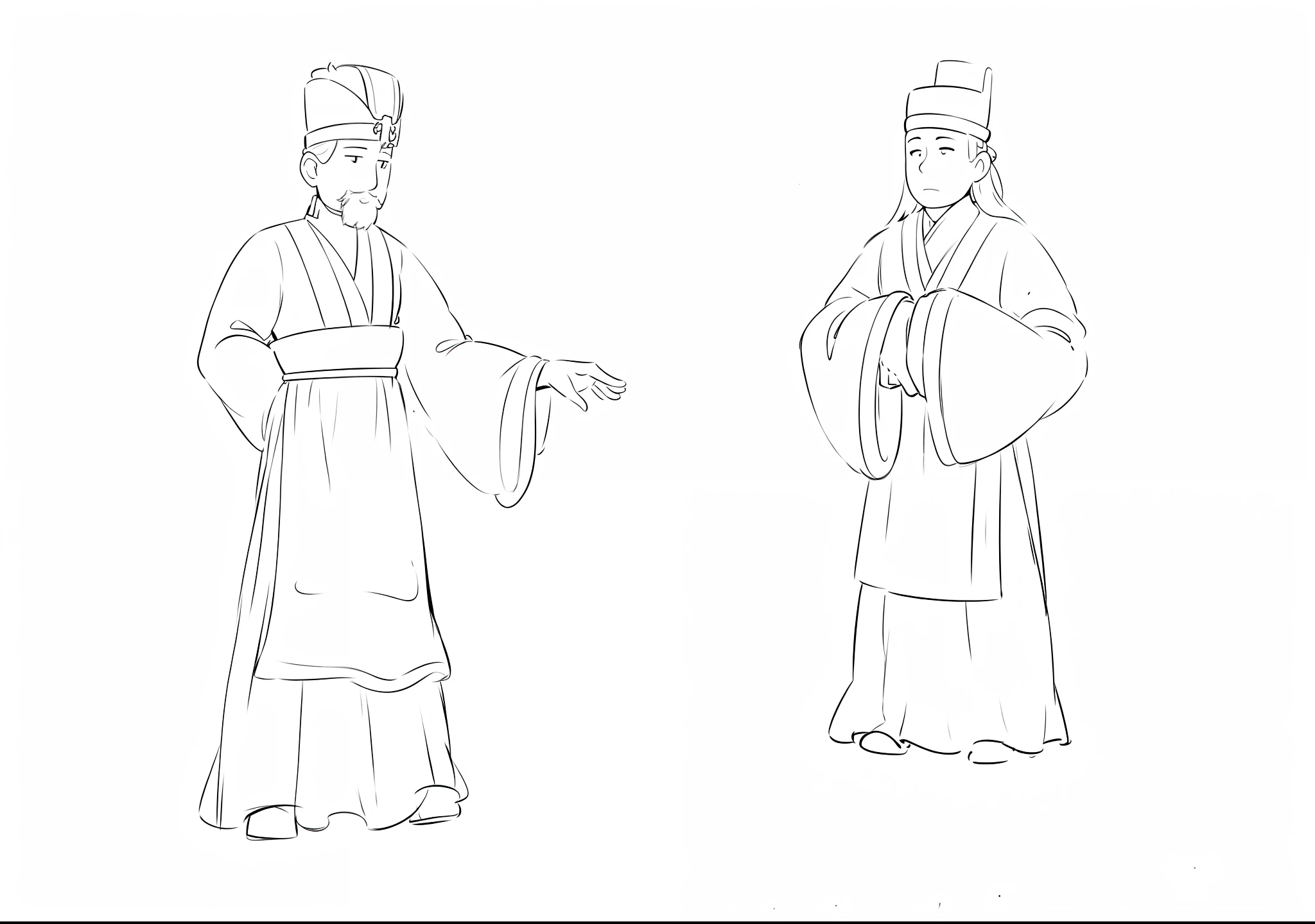 "A illustration,Two men in hats,maximalist details,Storybook style illustration,inspired by Emperor Huizong of Song,Ultra-flat feel,The lines are black,Monochrome performance,In particular, Highlight the black and white manuscript effect,The background is predominantly simple,Painting with white background as background"
