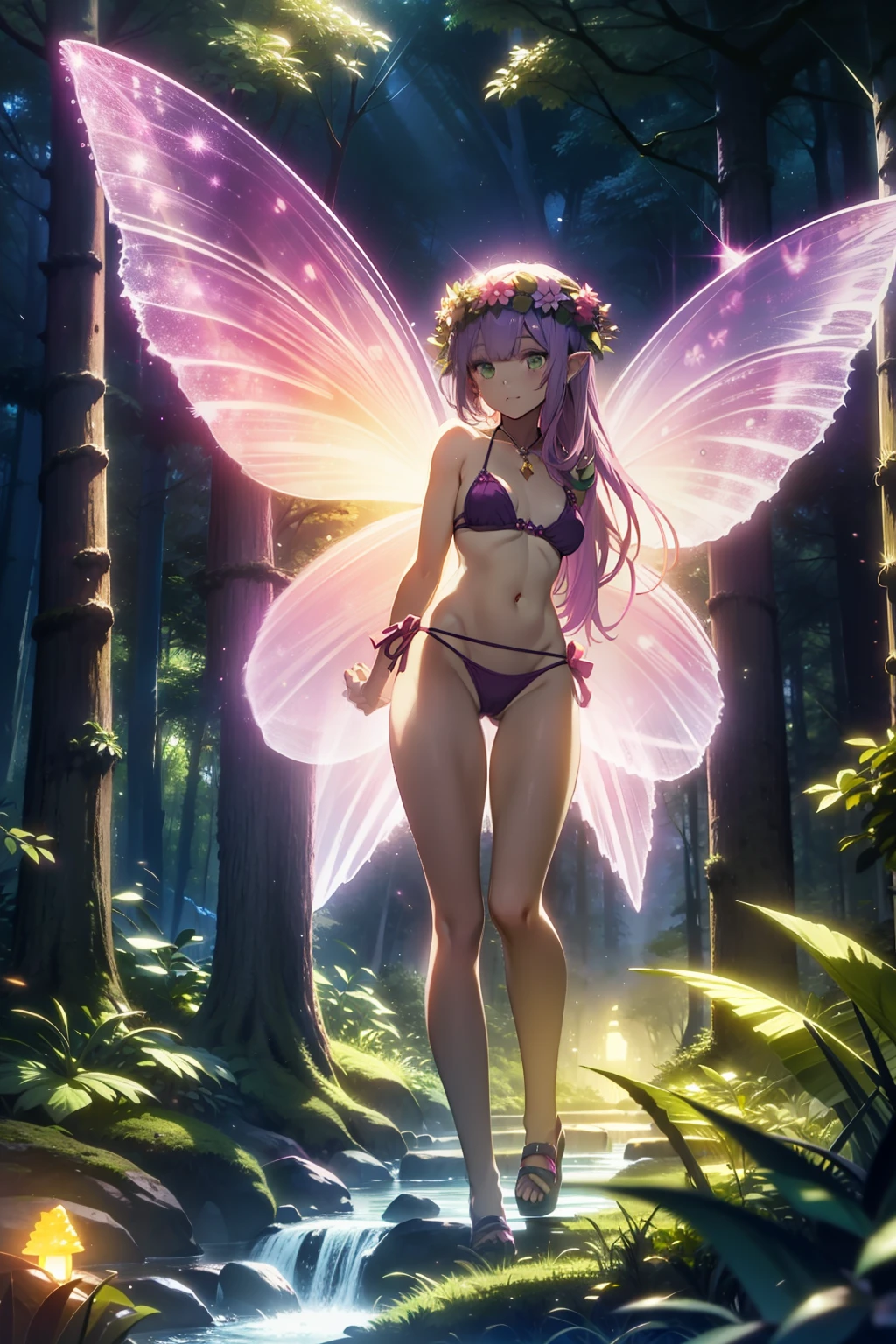 Girl, purple hair, green eyes, fairy, Pink fairy wings, , vegetable bikini, bikini made of plants, wreath, in a forest, Night, fantastic trees, fireflies in the scenery, Highlights, fantasy