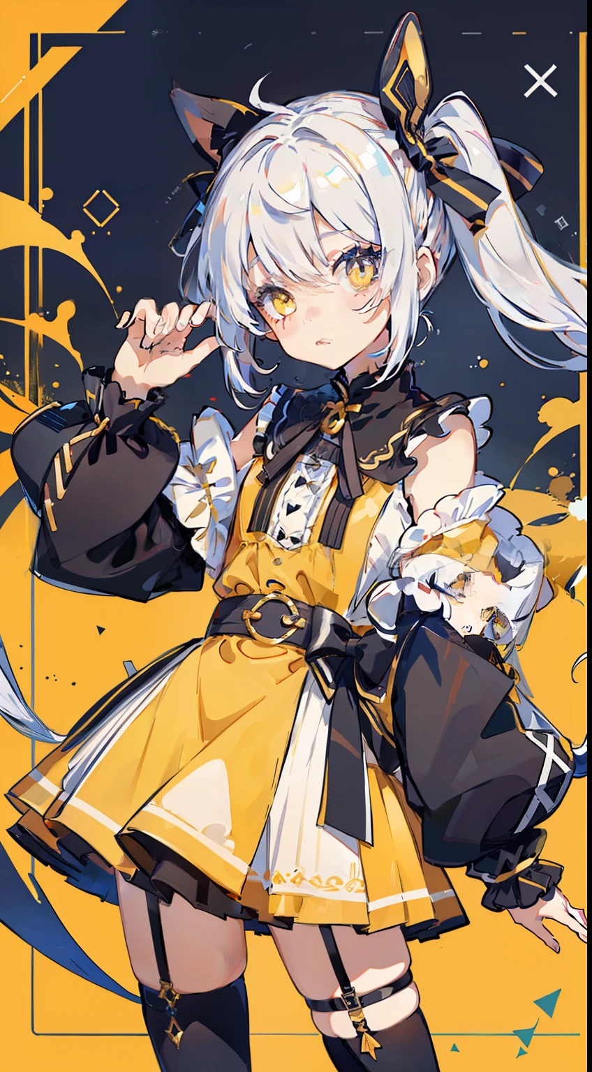 One girl、white  hair、Wink、piece sign、Shoulder-length clothing、Twin-tailed、High twin tails、yellow  eyes、black ribbon on the head、