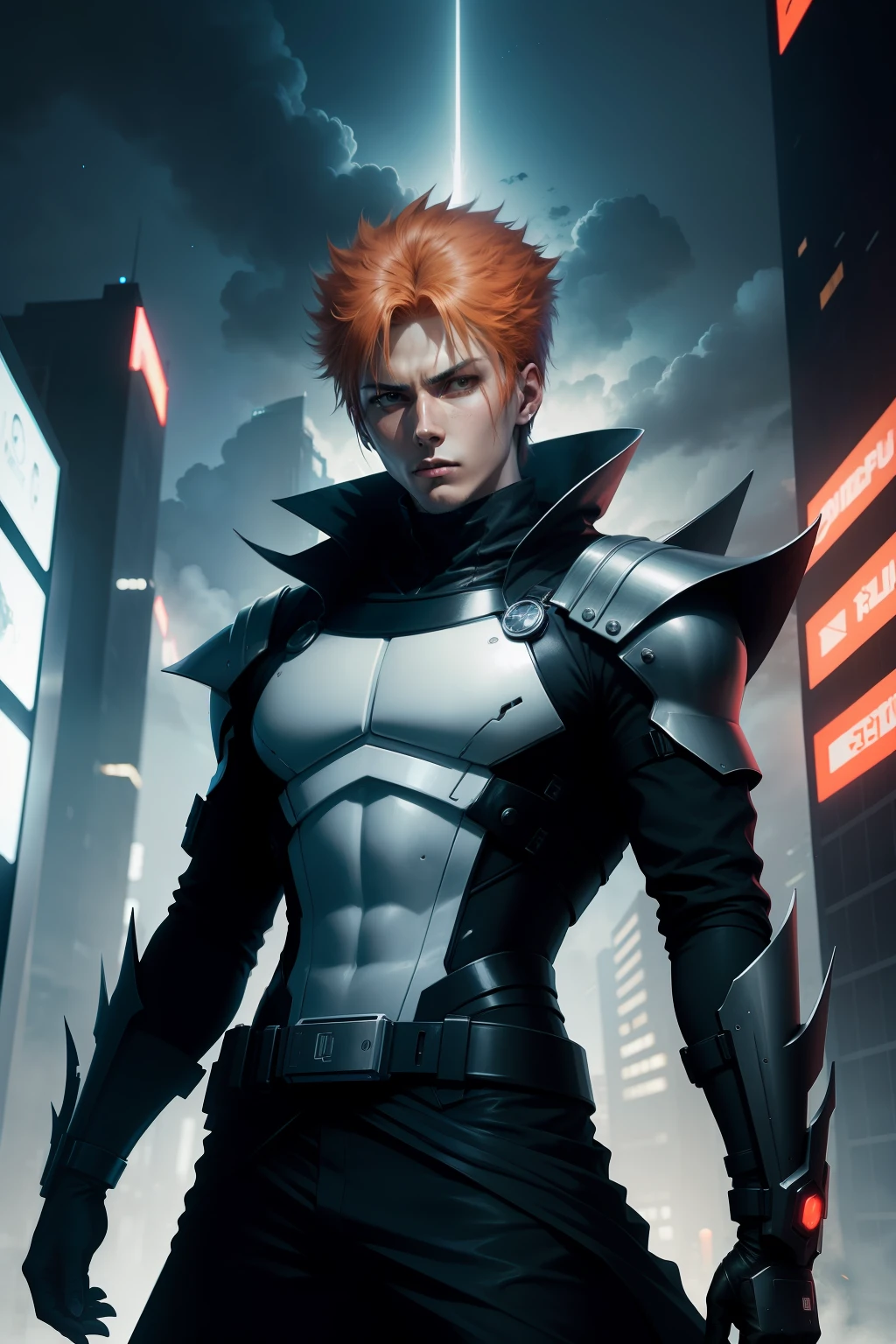Ichigo Kurosaki (Bleach )com um visual futurista, Aura misteriosa, e uma postura confiante. The agent must have technological clothing and advanced weaponry, The background of the image should depict a futuristic city at night, with bright skyscrapers and a cybernetic atmosphere, bem detalhado, rosto detalhado sem erro.