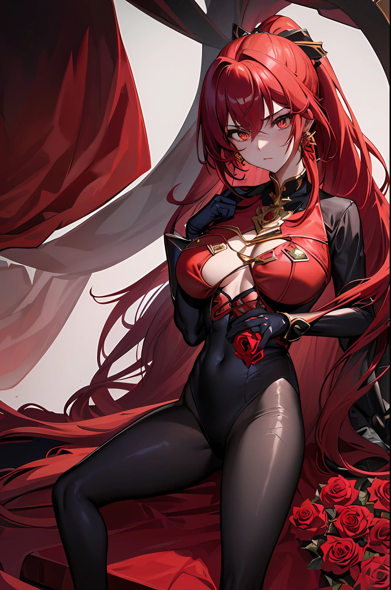 ((masterpiece)), ((best quality)), 1girl, long hair, big bust, ((red hair)), very long red hair, ((roses)), roses in the hair, yellow eyes, transparent clothes, ((blue and black clothes)), ((middle hair ponytail)), exposed skin, ligerie, ((sexy pose)), black clothes, ((intimidant look)), without pants, fishnet stockings, jewels, ruby earrings, good anatomy, red gloves, boots, heels, evil, emotionless, intimidant, bloody, ((beautiful eyes)), dark background, close up, ((detailed eyes)), beautiful eyes, hair bang, frontal look