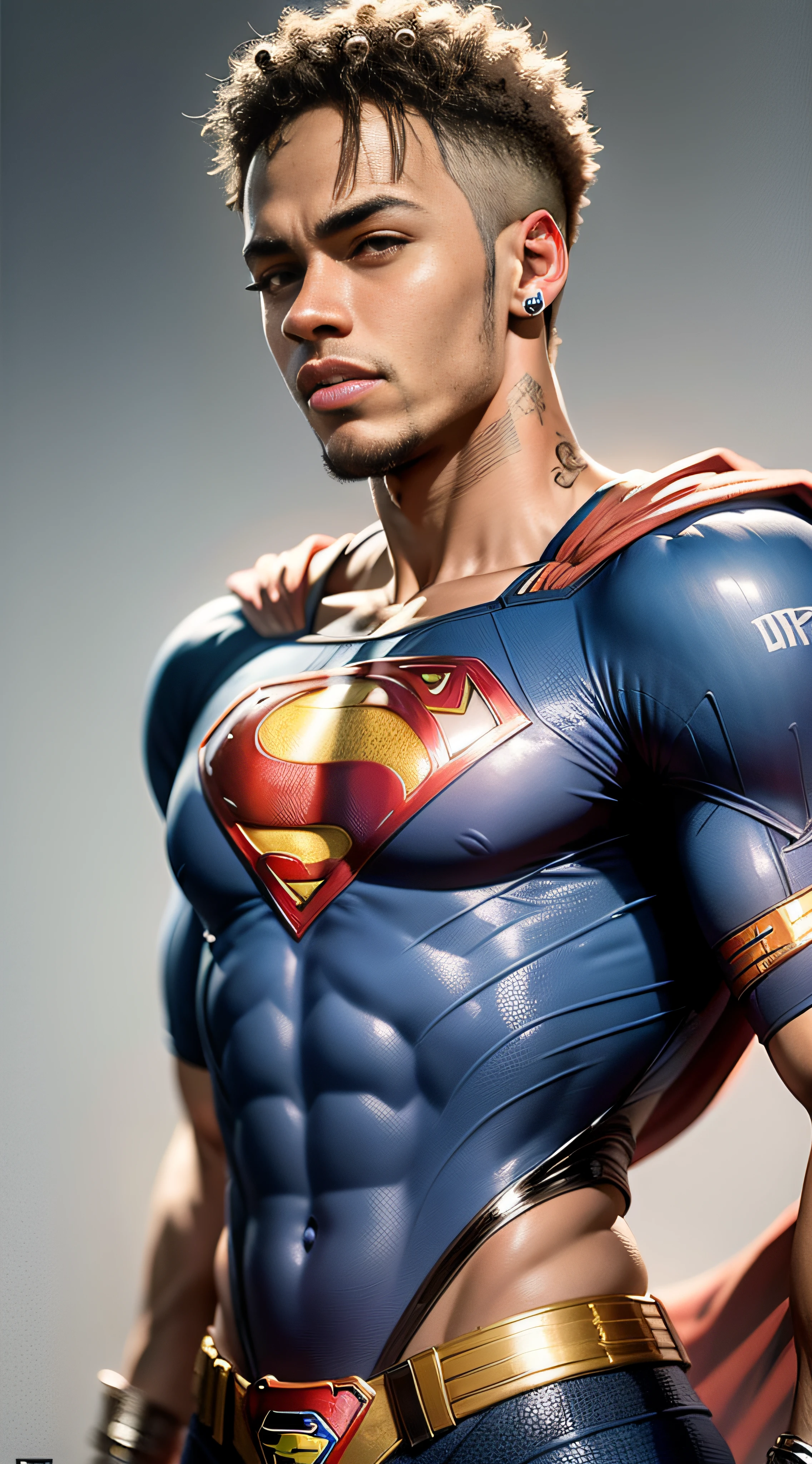 Neymar Jr is Superman , personagem solo , vestimenta do Superman , olhar fixo , corpo definido , Perfect setting , Perfect resolution and lighting , imagem sem deformidades e erros