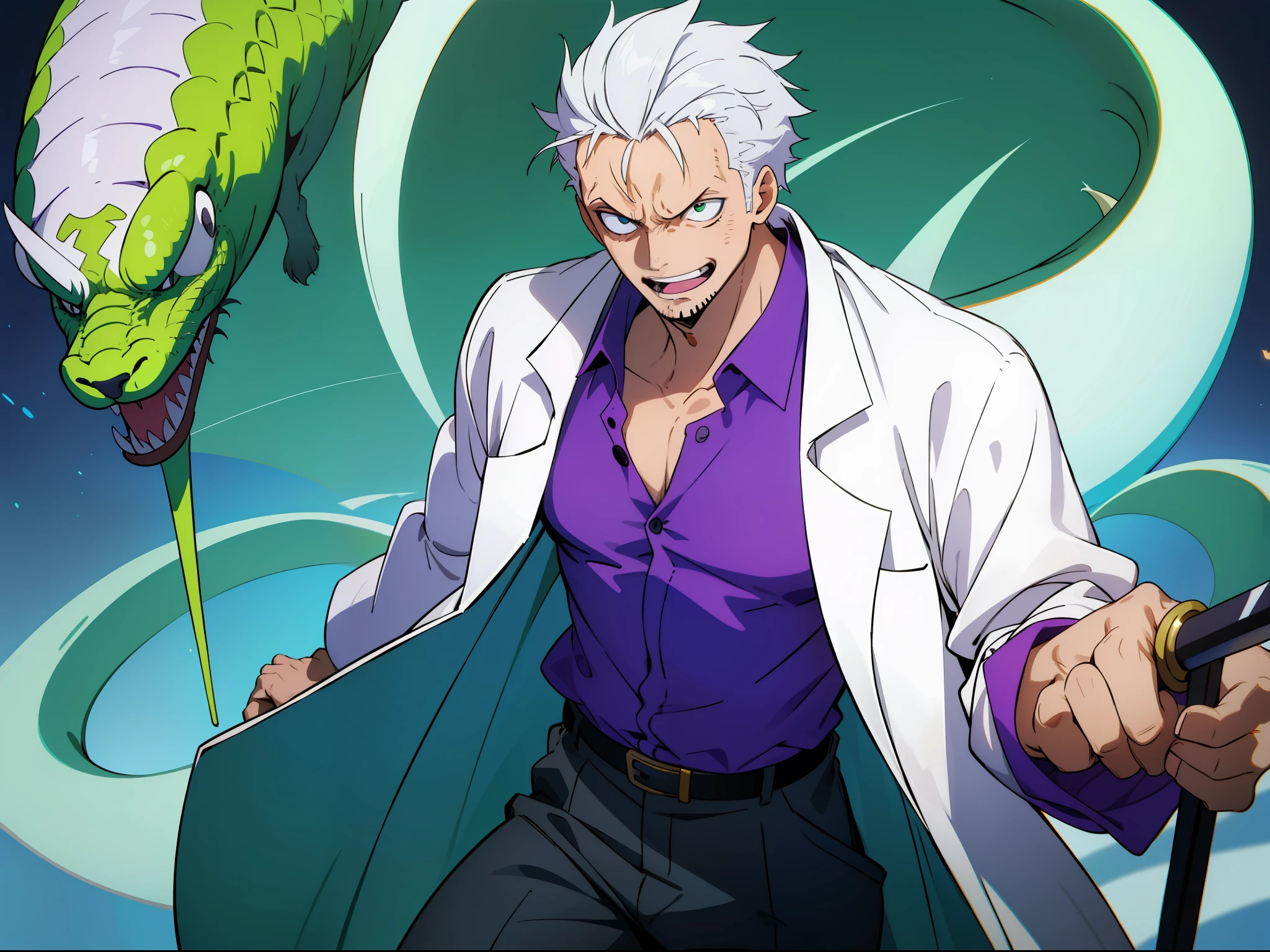 messy white hair, He's a half-mad scientist who carries two daggers, uma adaga roxa e uma verde ambos com o simbolo de uma serpente, Ele sempre tem um sorriso no rosto, He wears an unbuttoned lab coat with a purple shirt underneath and a baggy pair of normally blue baby pants