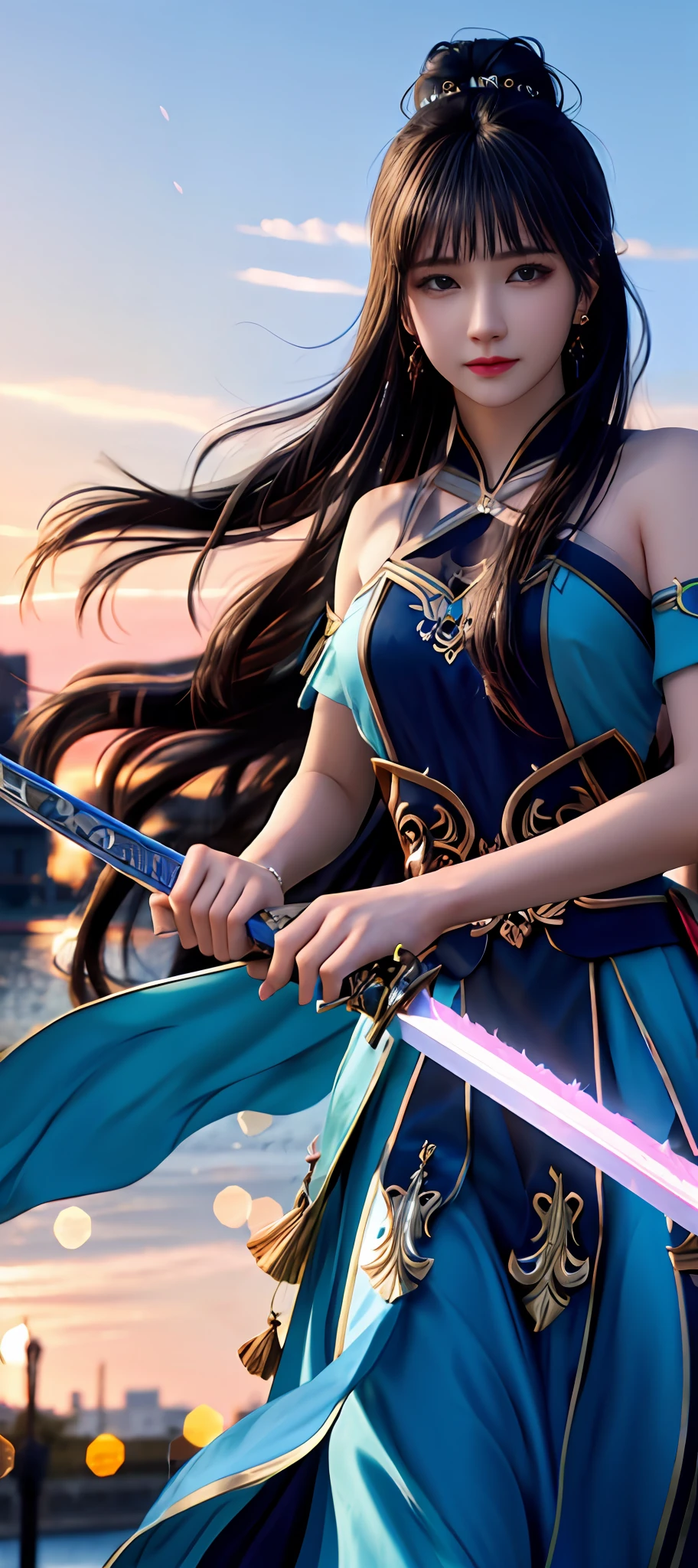 realisticity: 1.2), best quality, masterpiece, highres, cg, 1girl, weapon, sword, long hair, dress, water, solo, jewelry, blue dress, earrings, hair ornament, splashing, upper body super realistis, hair bun, blue and pink hair, city backgraun realistis, lighting,candid, Photograph, high resolution, 4k, 8k, Bokeh,