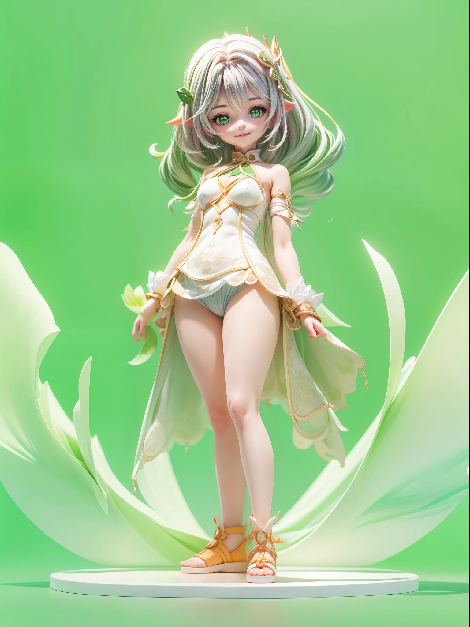 (Blind box toy style:1.3), (Full body shot) , 1 masterpiece, Best quality, ((anatomy correct,1 girl solo)),(nahida:1.2) (Genshin Impact),smile, short hair,dreamy glow,plastic style, Clean, Clean white background (circular base)( Global illumination, Ray traching, hdr, unreal render,reasonable design, high detal, Masterpiece, Best quality, hyper HD, Cinematic lighting)