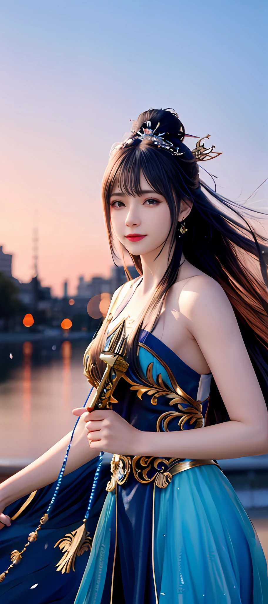 realisticity: 1.2), best quality, masterpiece, highres, cg, 1girl, weapon, sword, long hair, dress, water, solo, jewelry, blue dress, earrings, hair ornament, splashing, upper body super realistis, hair bun, blue and pink hair, city backgraun realistis, lighting,candid, Photograph, high resolution, 4k, 8k, Bokeh,