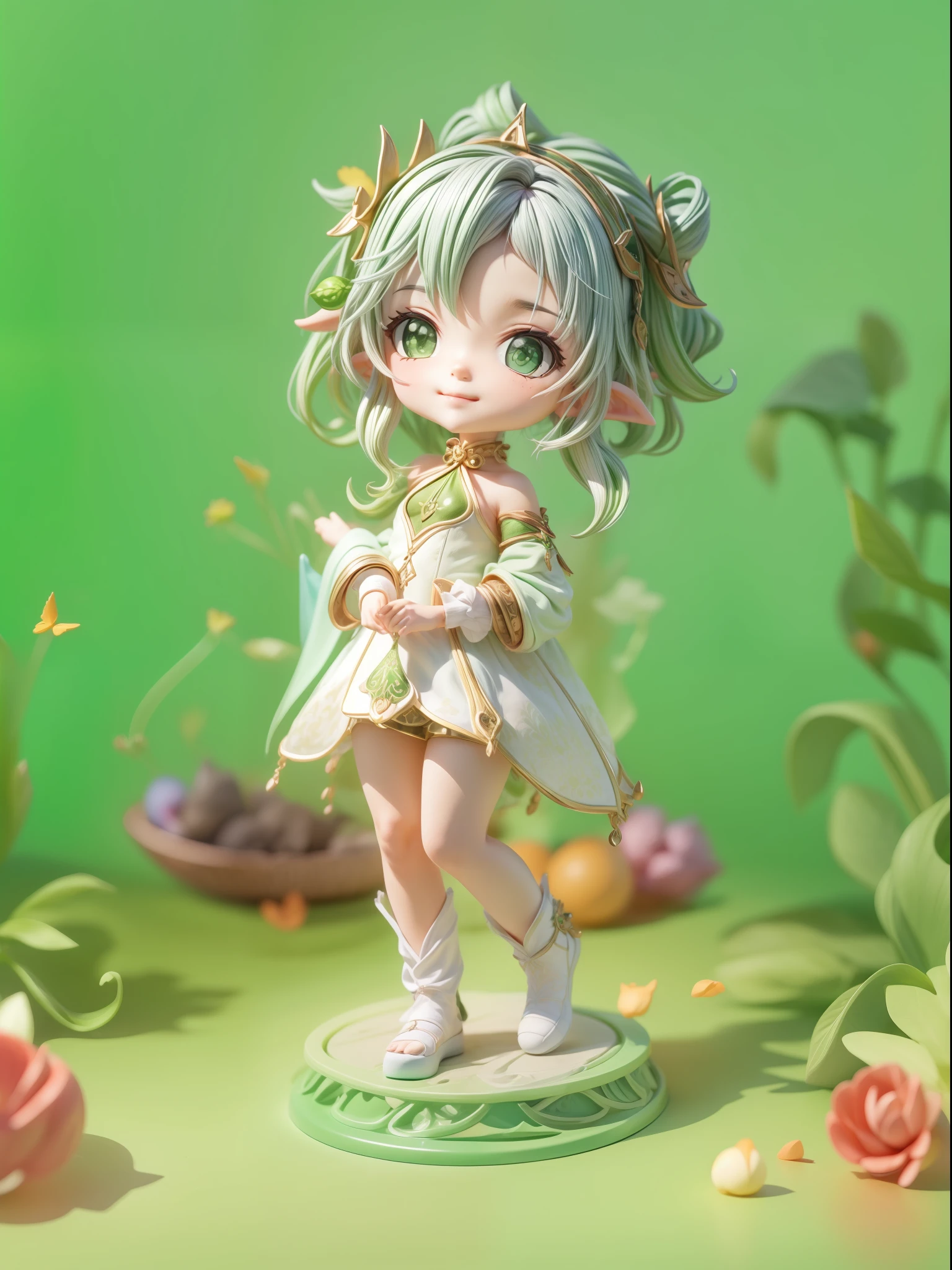 (Blind box toy style:1.3), (Full body shot) , 1 masterpiece, Best quality, ((anatomy correct，1 girl solo)),(nahida：1.2) (Genshin Impact),smile, short hair,dreamy glow,plastic style, Clean, Clean white background （circular base）( Global illumination, Ray traching, hdr, unreal render,reasonable design, high detal, Masterpiece, Best quality, hyper HD, Cinematic lighting)