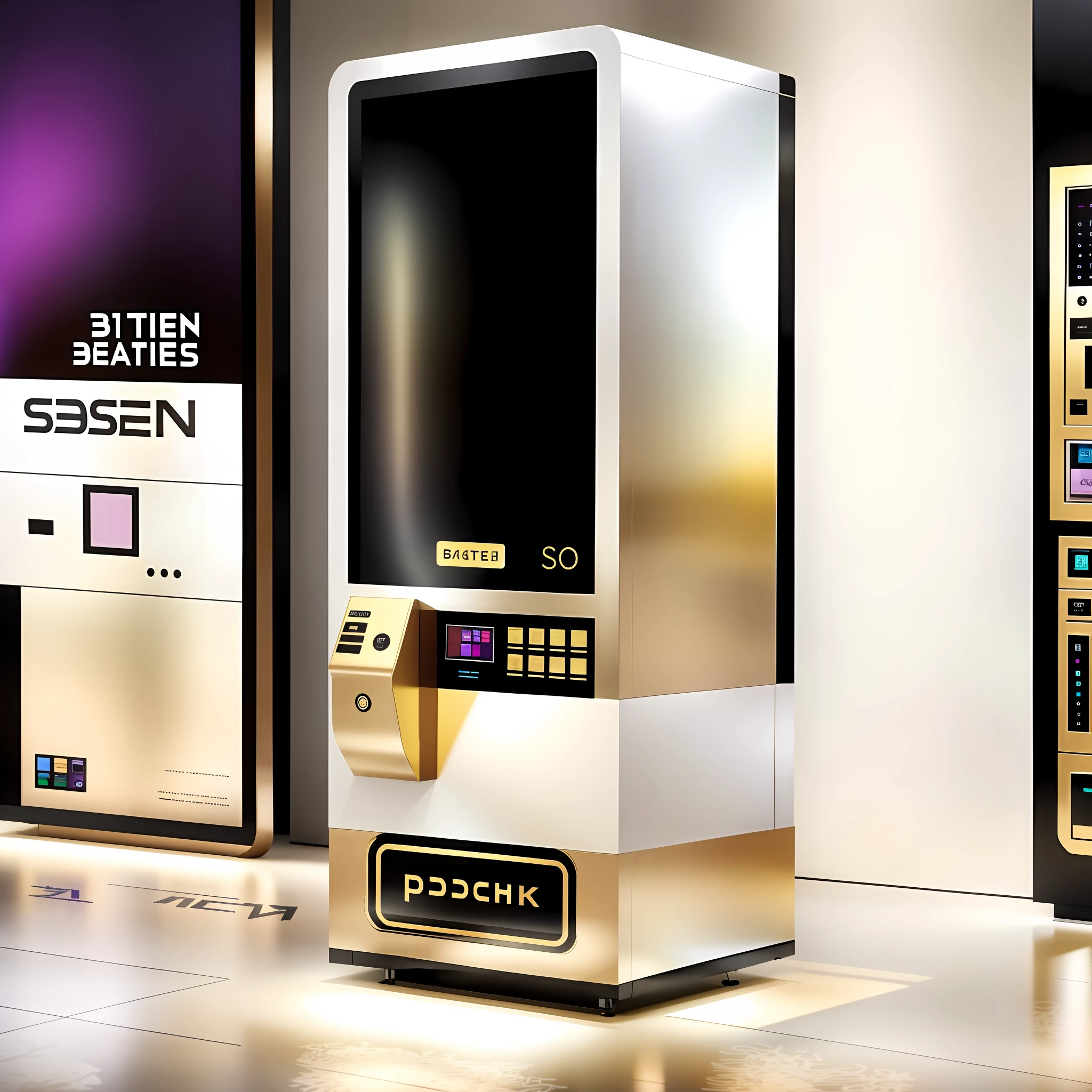 Beauty vending machines, The big black screen in the middle is the monitor,In line with the tone of women's clothing products,The colors are mainly black and gold,The scene in the mall should be bright