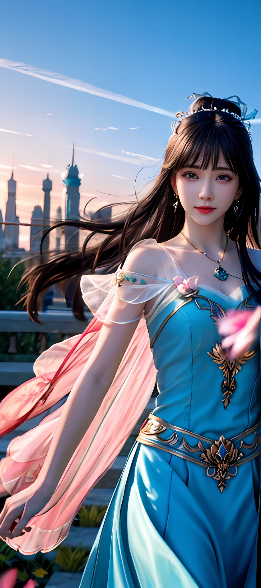 realisticity: 1.2), best quality, masterpiece, highres, cg, 1girl, weapon, sword, long hair, dress, water, solo, jewelry, blue dress, earrings, hair ornament, splashing, upper body super realistis, hair bun, blue and pink hair, city backgraun realistis, lighting,candid, Photograph, high resolution, 4k, 8k, Bokeh,