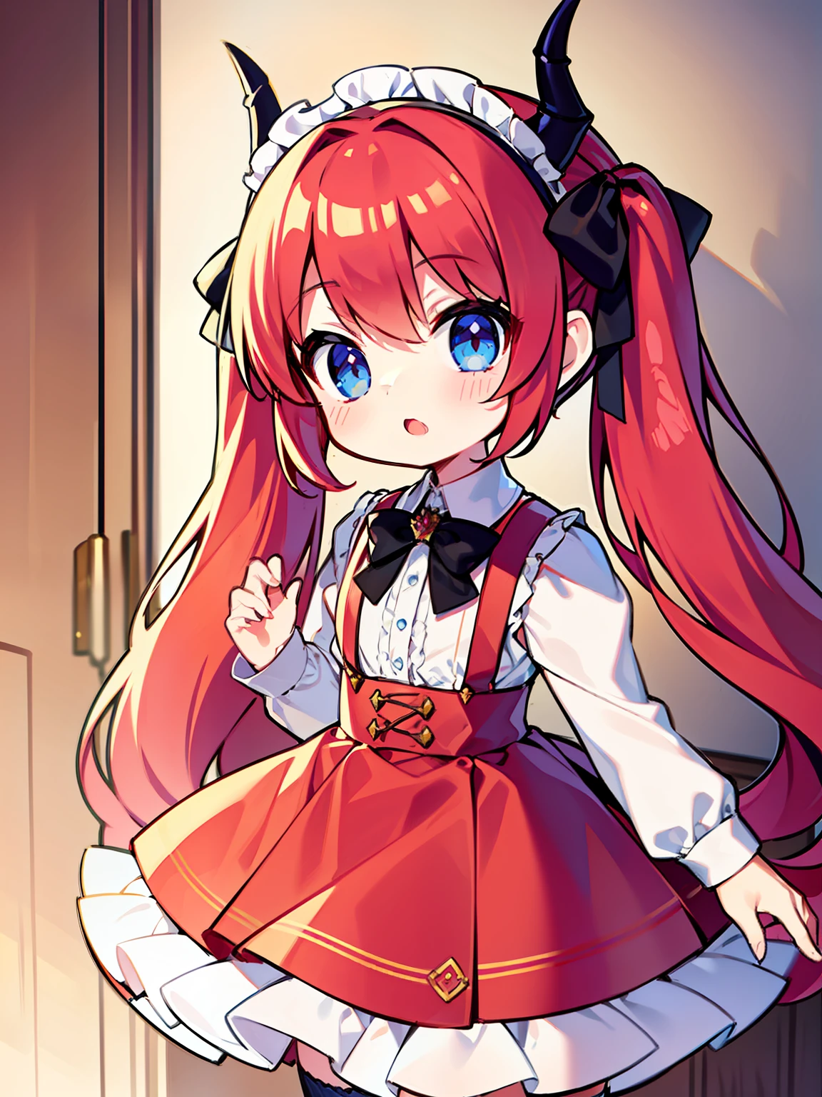 {{best quality}}, {{masterpiece}}, {{ultra-detailed}}, {illustration}, {detailed light}, red hair,blue eyes,twintails,lolita,Suspenders skirt,Fantastic,loli,solo,Dragon horns,little girl,long hair