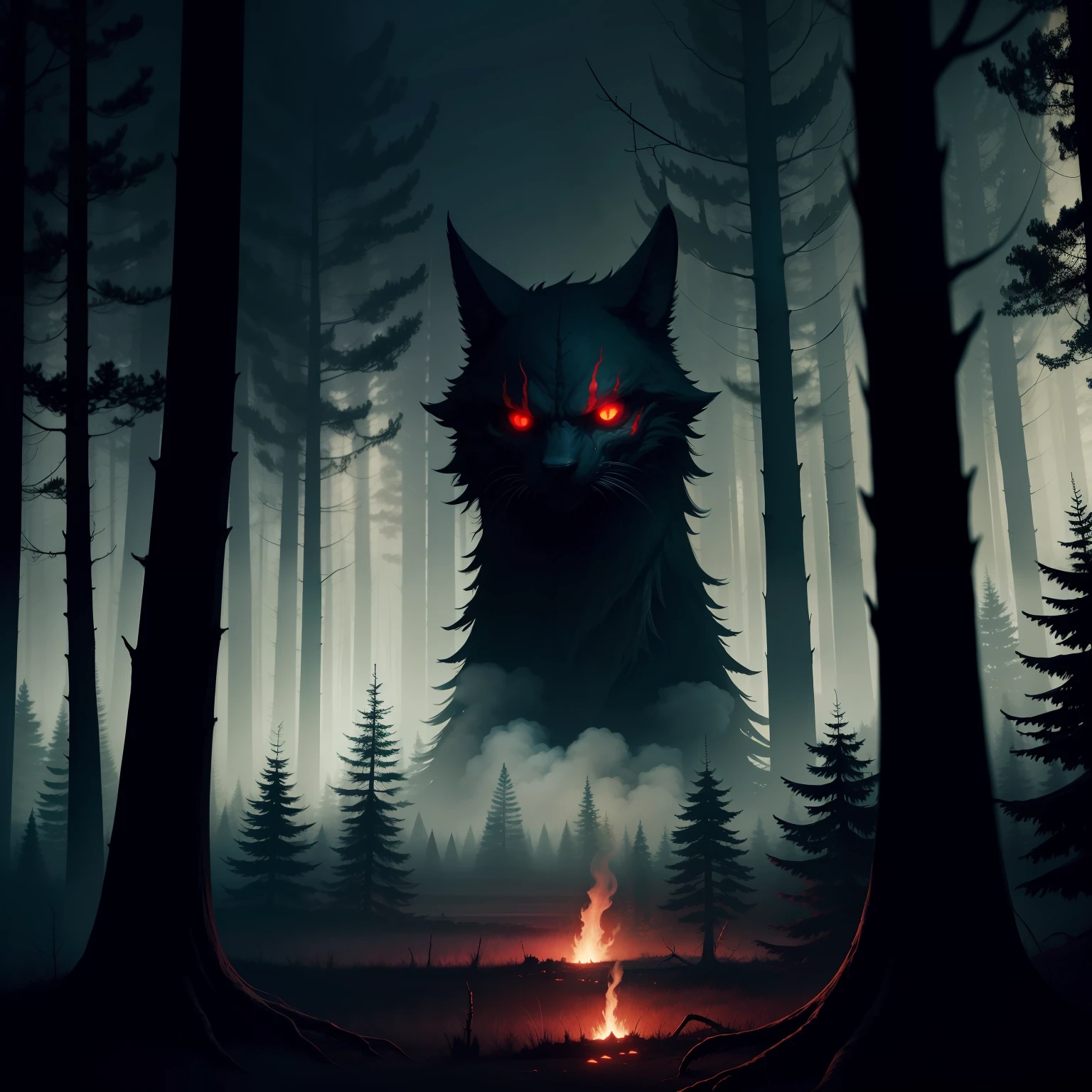Scary forest at night with red eyes lurking and over the trees with smoke and a macabre air