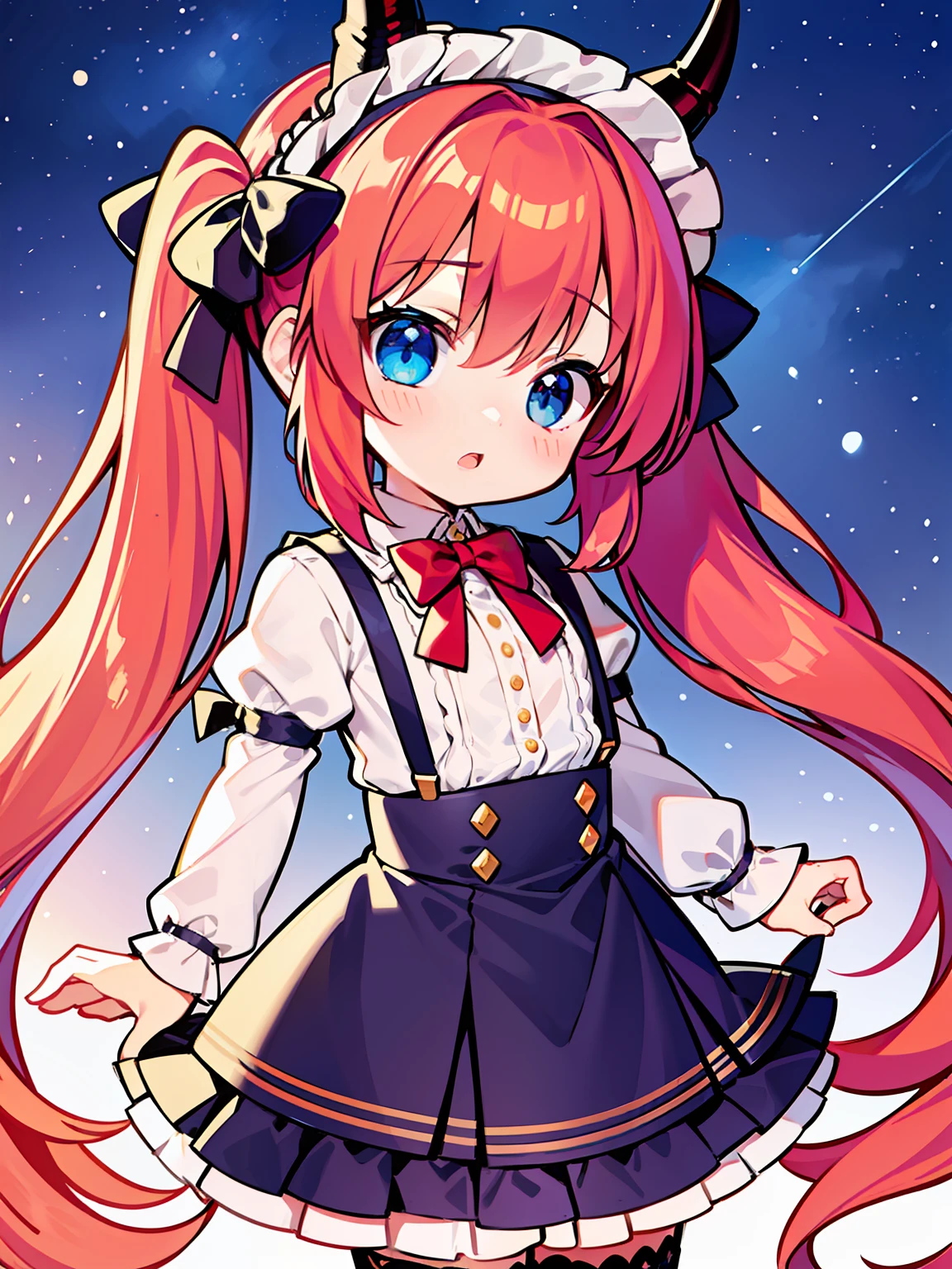 {{best quality}}, {{masterpiece}}, {{ultra-detailed}}, {illustration}, {detailed light}, red hair,blue eyes,twintails,lolita,Suspenders skirt,Fantastic,loli,solo,Dragon horns,little girl,long hair