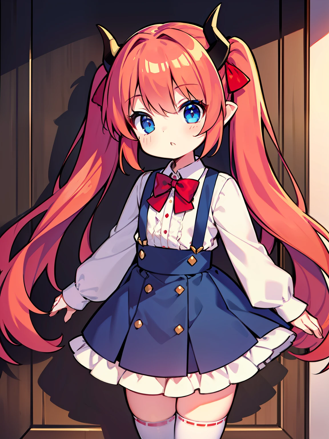 {{best quality}}, {{masterpiece}}, {{ultra-detailed}}, {illustration}, {detailed light}, red hair,blue eyes,twintails,lolita,Suspenders skirt,Fantastic,loli,solo,Dragon horns, girl,long hair