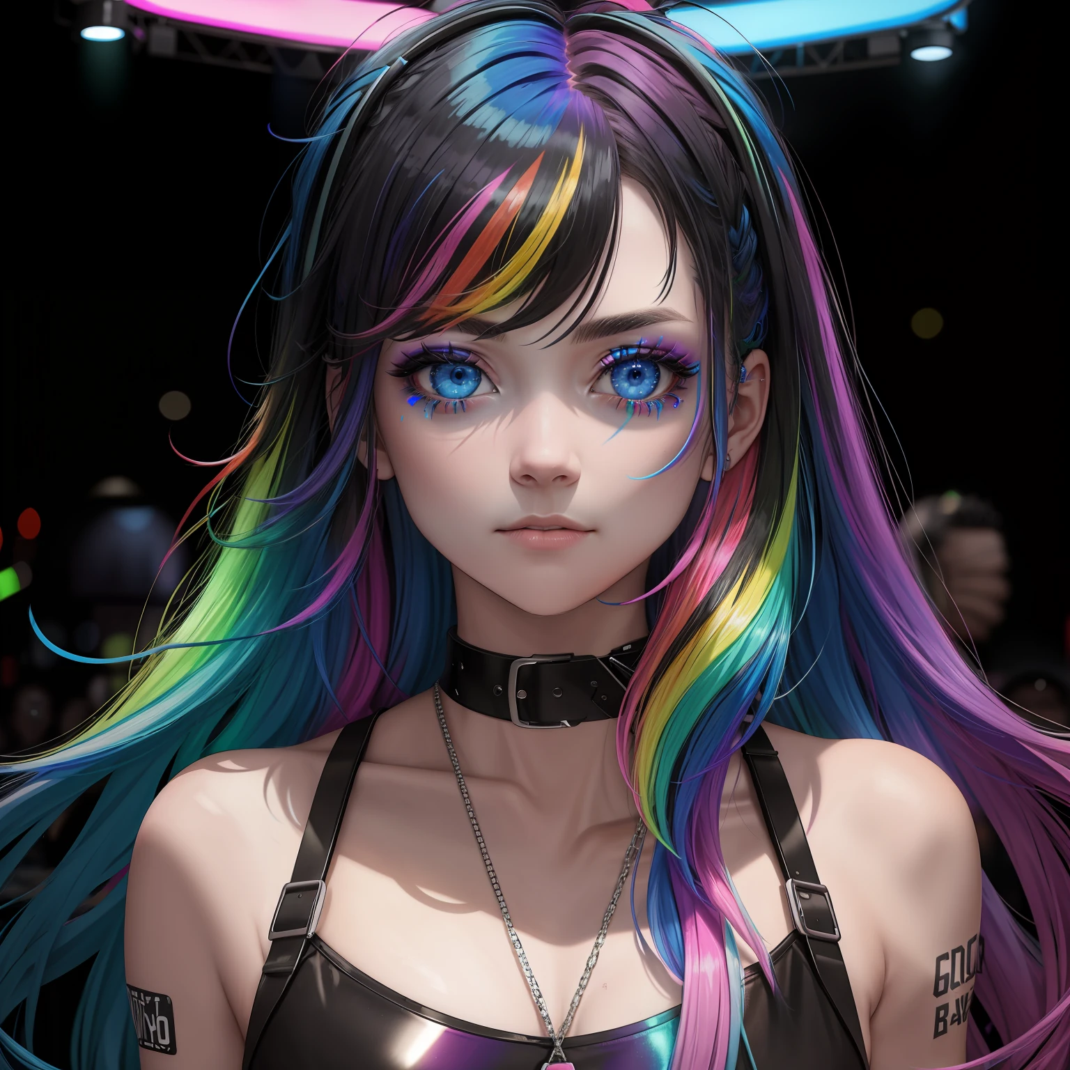 masterpiece, best quality, rainbow_hair, outlaw, blue_eyes, night, neon_lights, blacklight, at a club, solo, face_focus,