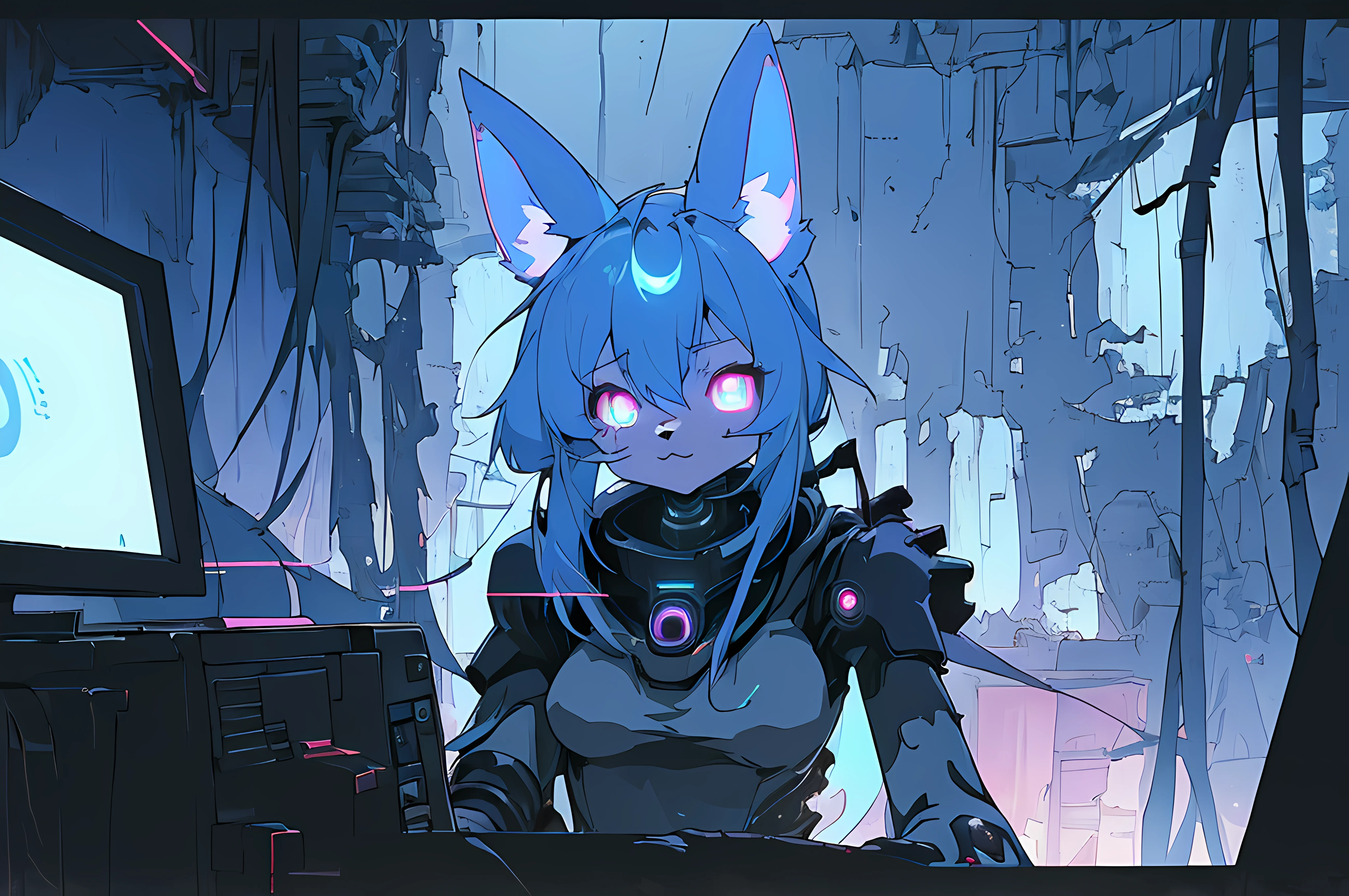 (((cyberpunk bleak bleak bleak dark black black black bleak gray))), vampire hunter d, (vintage vhs), (crt screenshot), (((dark scene))), (((dark cloudy scene))), (((angel's egg anime))), (((serial experiments lain anime))), (((underground basement scene))), (((unlit nighttime scene))), (((dark abandoned cyberpunk glowing screens lab house))), (((solemn blue anthro kemono furry rabbit with tall bunny ears exploring old computer screens))), (((underground cavern filled with glowing computer screens))), anime rabbit character with futuristic hair and glowing eyes and tall bunny ears exploring old ruins, anime art, anime aesthetic, (((old ruins in background cel art))), kemono anime rabbit girl, wearing cybernetic bunny ears, angry female fighter --v6