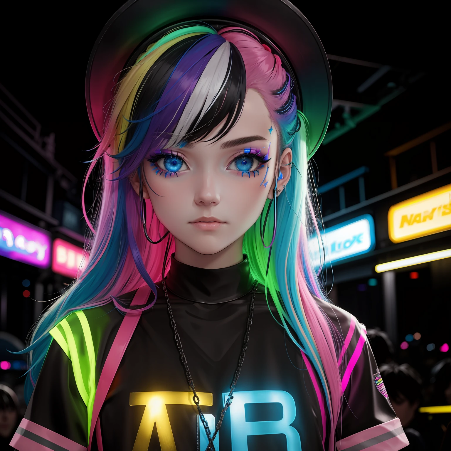 masterpiece, best quality, rainbow_hair, outlaw, blue_eyes, night, neon_lights, blacklight, at a club, solo, face_focus,