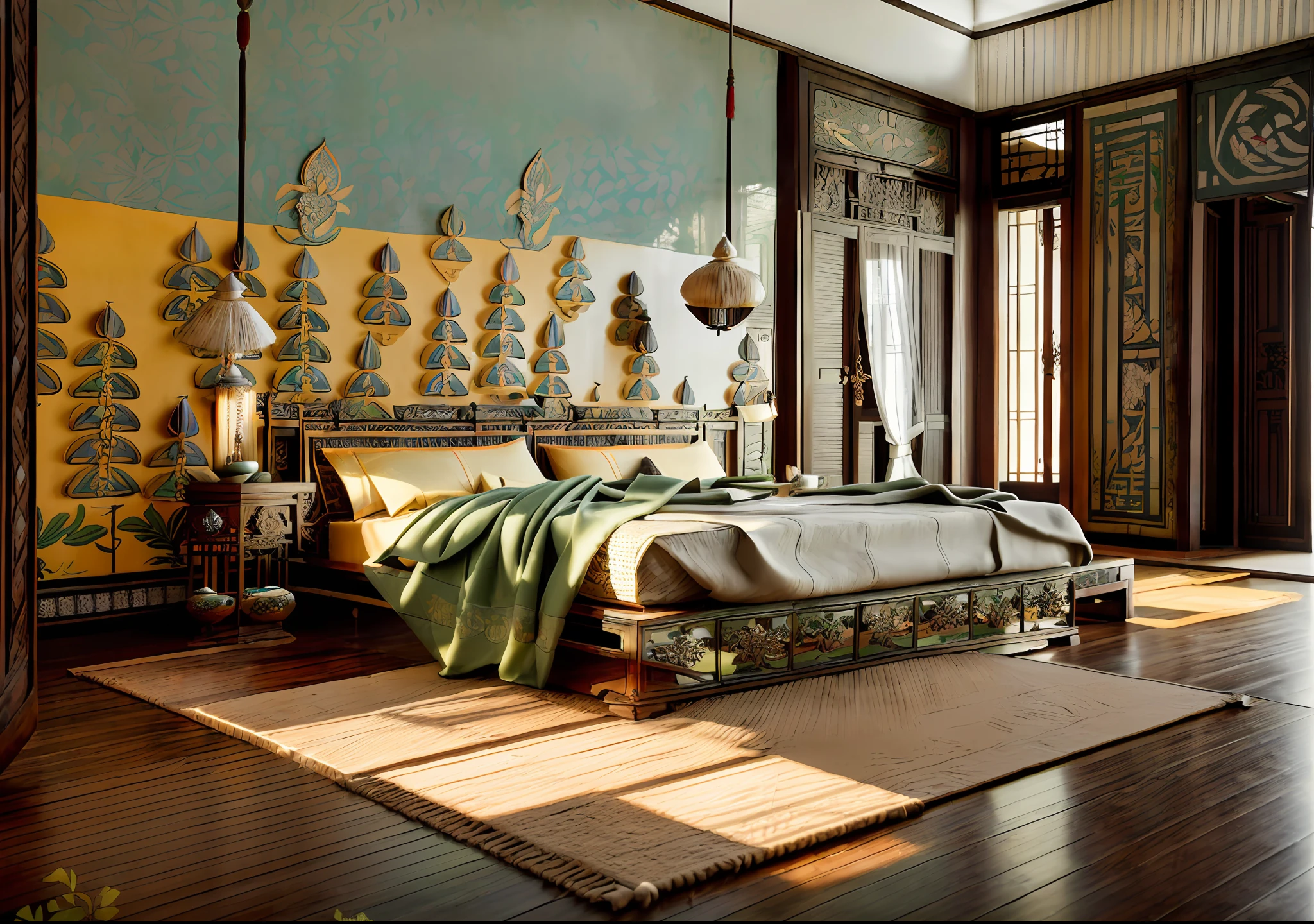RAW photo, 8k uhd, dslr, masterpiece, high quality, interior, indoors, ((highly detailed materials surface)), furniture, focus on architecture, bedroom, mirror, glass door, carpet, wallpaper, pendant, side table, forest background, flat ceiling,wall decor paintings, soft lighting, direct softly morning light , interior lighting, tree outdoors, balcony, ((indochina style:1.5))