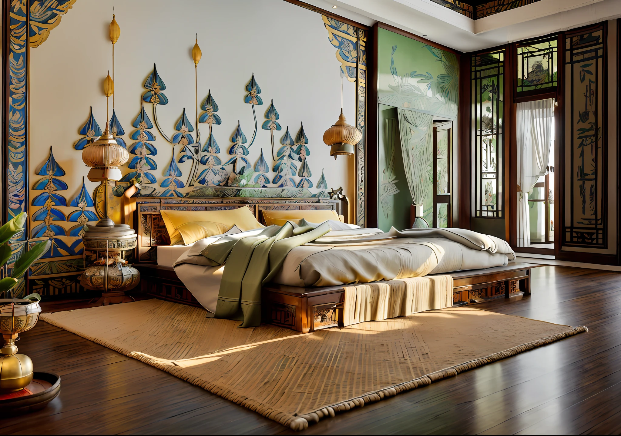 RAW photo, 8k uhd, dslr, masterpiece, high quality, interior, indoors, ((highly detailed materials surface)), furniture, focus on architecture, bedroom, mirror, glass door, carpet, wallpaper, pendant, side table, forest background, flat ceiling,wall decor paintings, soft lighting, direct softly morning light , interior lighting, tree outdoors, balcony, ((indochina style:1.5))