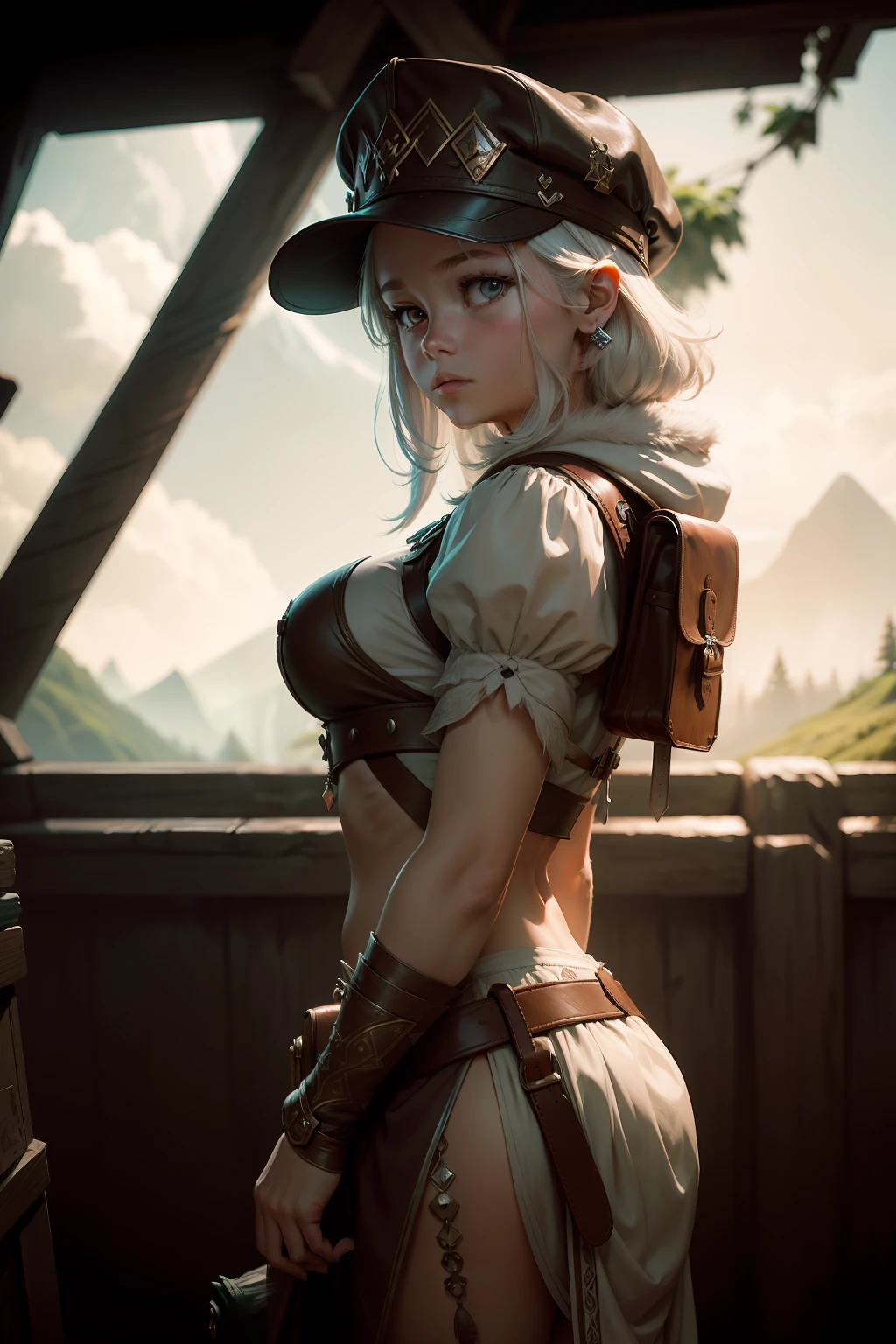 classicnegative portrait photo, fantasy video game character concept art, a cute white fluffy rabbit wearing a small brown leather backpack looking at a map hiking through a forest, dungeons and dragons, fantasy, river, haze, halation, bloom, dramatic atmosphere, 1970s dark fantasy movie, centred, rule of thirds