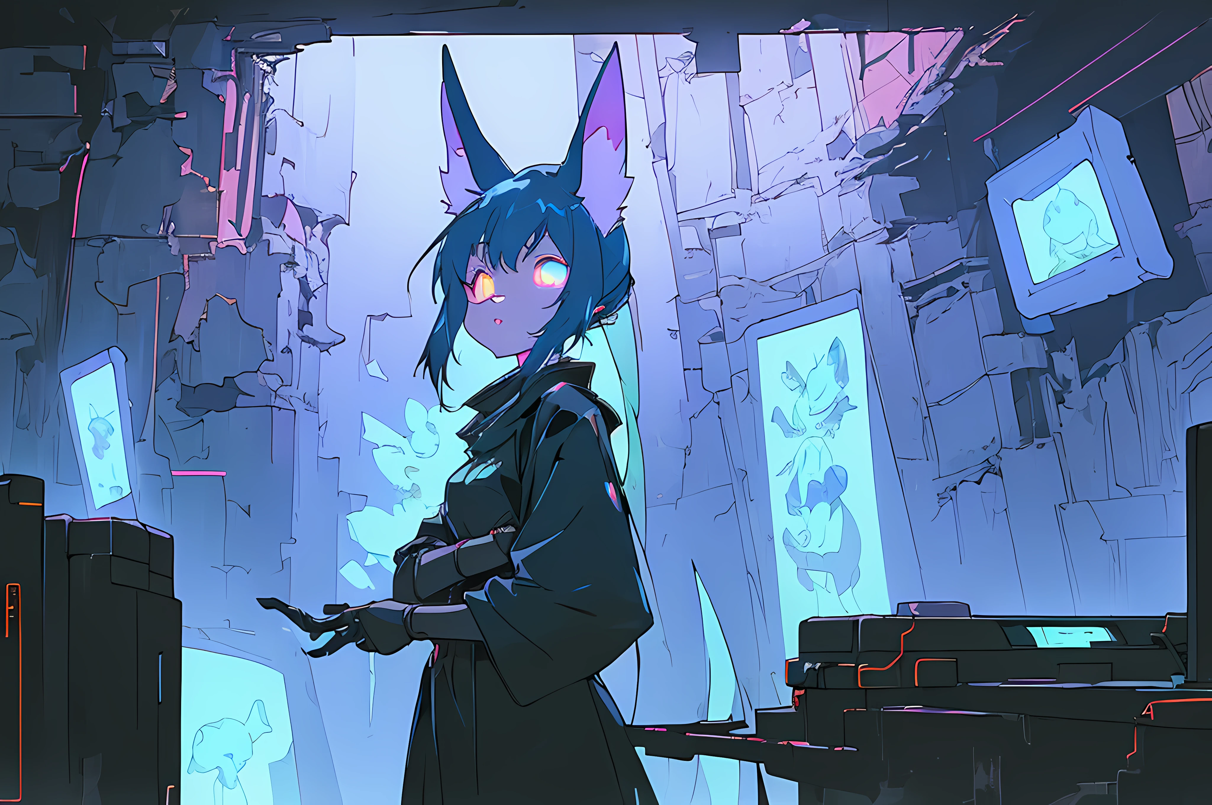 (((cyberpunk bleak bleak bleak dark black black black bleak gray))), vampire hunter d, (vintage vhs), (crt screenshot), (((dark scene))), (((dark cloudy scene))), (((angel's egg anime))), (((serial experiments lain anime))), (((underground basement scene))), (((unlit nighttime scene))), (((dark abandoned cyberpunk glowing screens lab house))), (((solemn blue anthro kemono furry rabbit with tall bunny ears exploring old computer screens))), (((underground cavern filled with glowing computer screens))), anime rabbit character with futuristic hair and glowing eyes and tall bunny ears exploring old ruins, anime art, anime aesthetic, (((old ruins in background cel art))), kemono anime rabbit girl, wearing cybernetic bunny ears, angry female fighter --v6