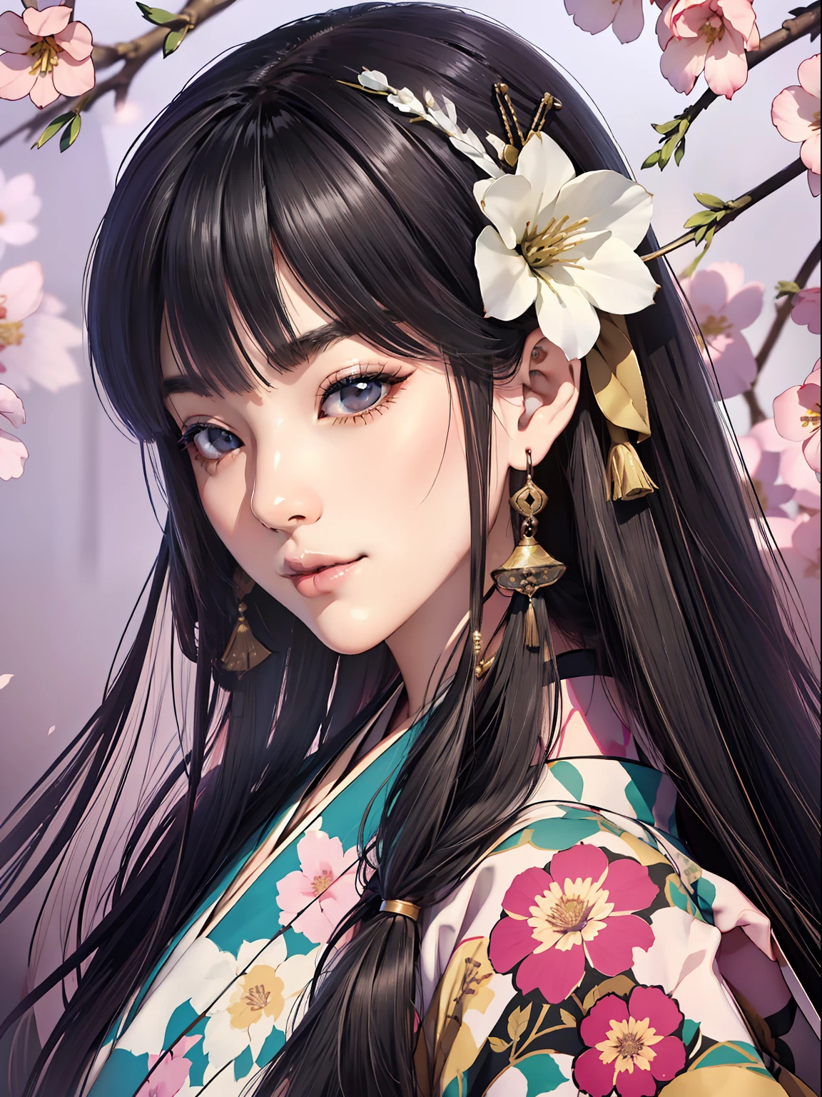 Mature girl、Long Black Hair、A slight smile、Black-haired、Colorful Japan kimono、Nishijin Ori、Delicate and smart eyes、intricate damask hanfu、Luxury accessories、FOV、F1.8、masterpiece、complex scenes、flower petals flying、Diagonal portrait shot、