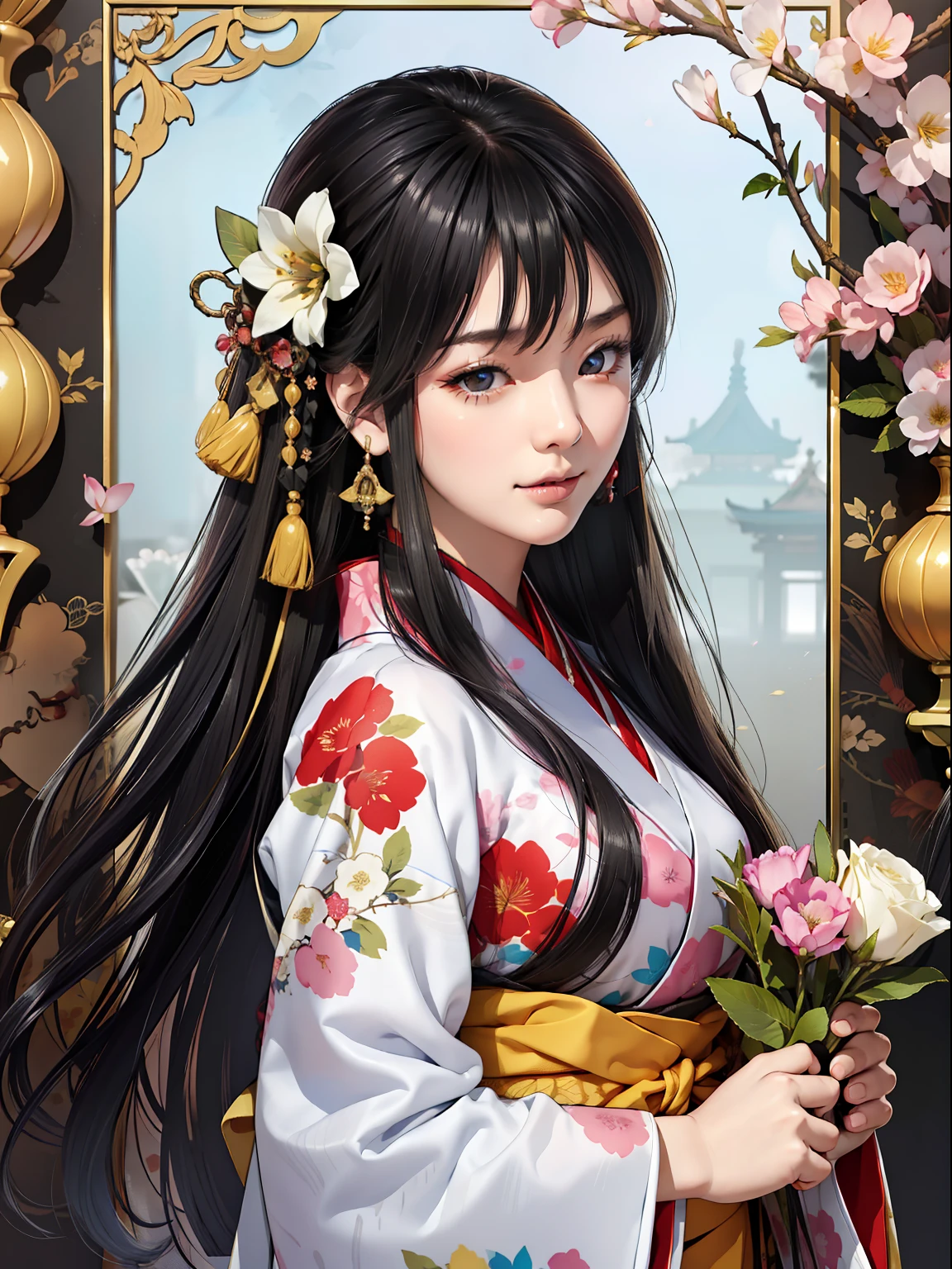 Mature girl、Long Black Hair、A slight smile、Black-haired、Colorful Japan kimono、Nishijin Ori、Delicate and smart eyes、intricate damask hanfu、Luxury accessories、FOV、F1.8、​masterpiece、complex scenes、flower petals flying、Diagonal portrait shot、