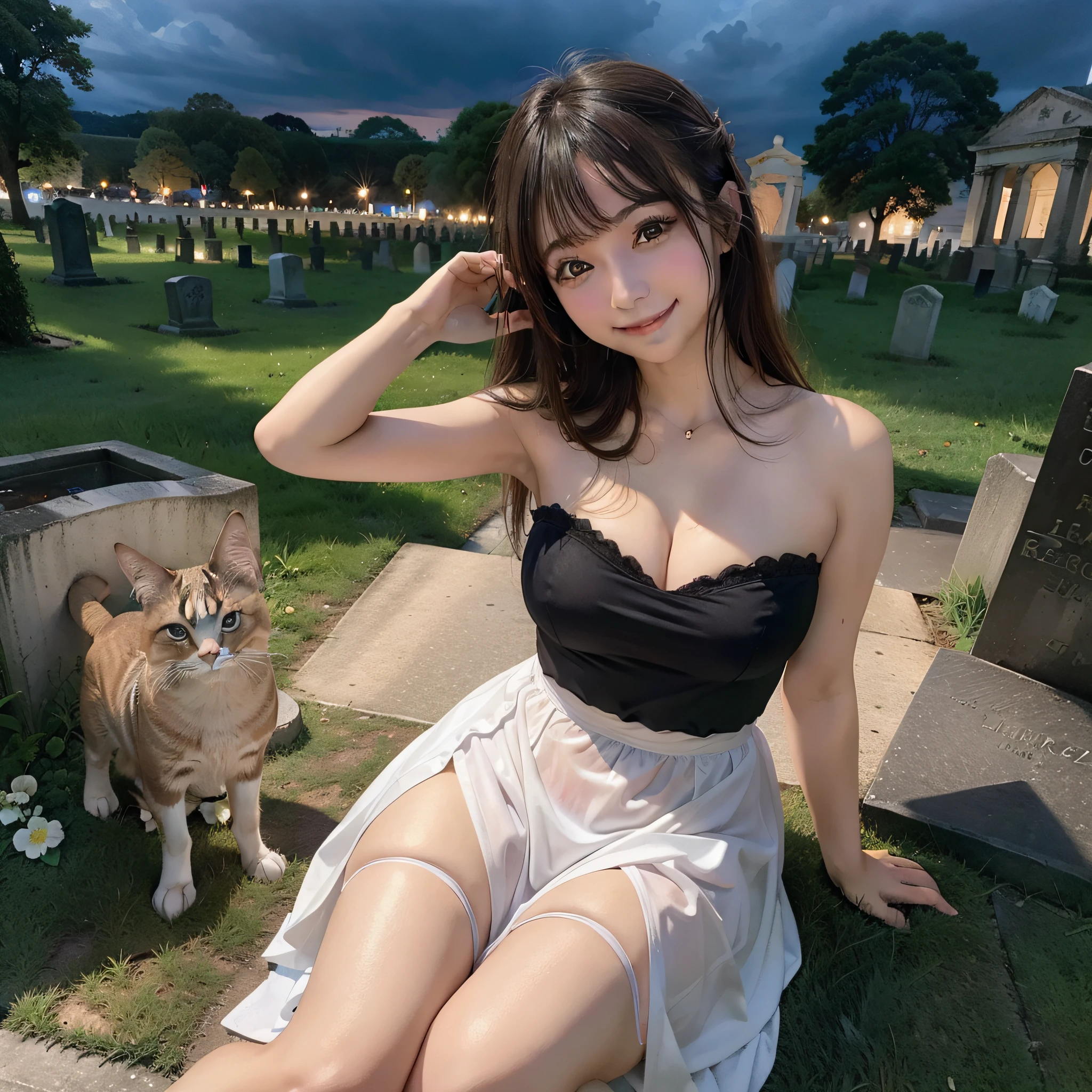 There is a resurrected girl who is inside the cemetery, (8k, foto RAW, melhor qualidade, obra-prima: 1.2), (realista, foto-realista: 1.37), ultra-detalhado, 1 , bonito, solo, Sky laden with thunder, noite, sentado, namoro, (nariz corado), (sorriso feliz), middlebreasts, belos olhos detalhados, vestido branco de seda curto, gatos,