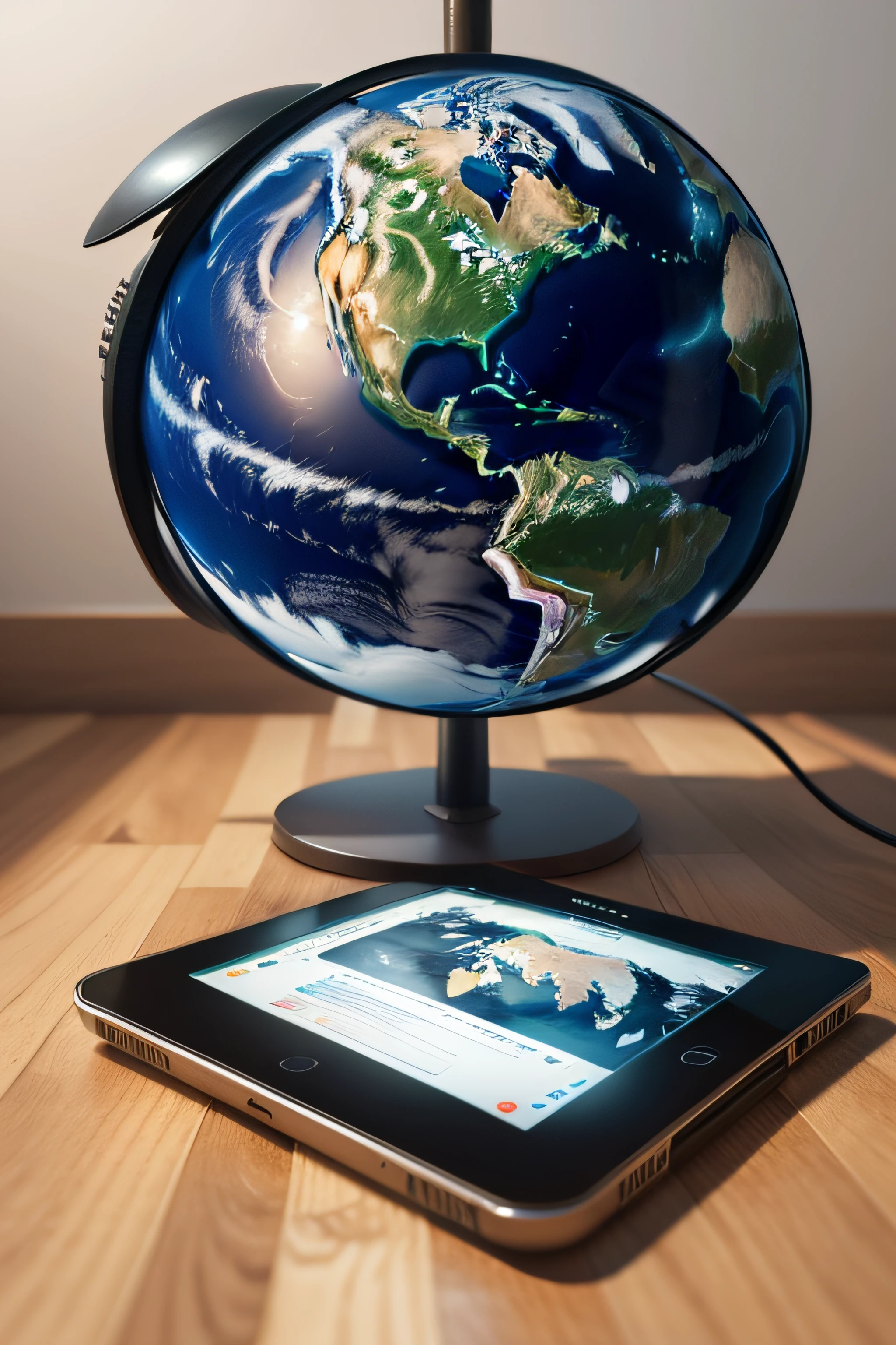 create an image of planet earth with a computer next to it and an ebook on the screen