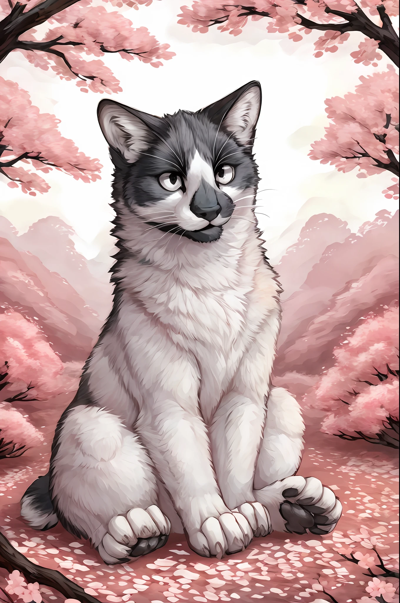 Leo, black and white cat, sitting on a cherry blossom hill, looking happy, 4 legs, looking determined (4 toes on each paw:1.2), simple eyes, well drawn eyes