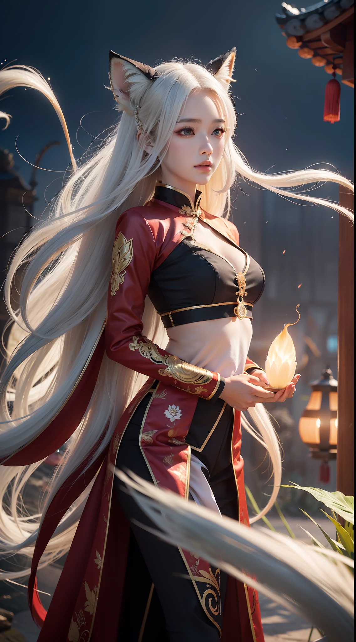 (Very detailed CG unity 8K wallpaper,tmasterpiece,best qualtiy,ultra - detailed,beatiful detailed eyes:1.2),best illuminate,1fox,White hair,Nine tails,nine tail fox,Red pattern,There is a lotus print on the forehead,Dynamic body shape,Chinese monster,Noble,Splash ink,Chinese,((full bodyesbian)),((2.5D)),Floating hairs,Refined silhouette,Fantasyart,