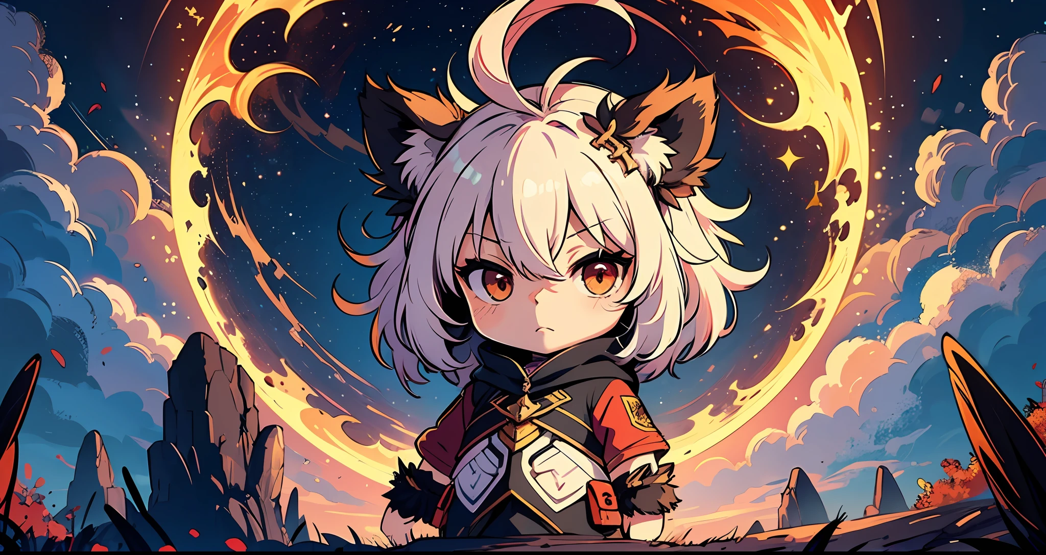 Lion cub, , Wear a face shield, chibi, is radiating energy all around, standing at the top of the cliff, dark night, full moon blood red --auto --s2