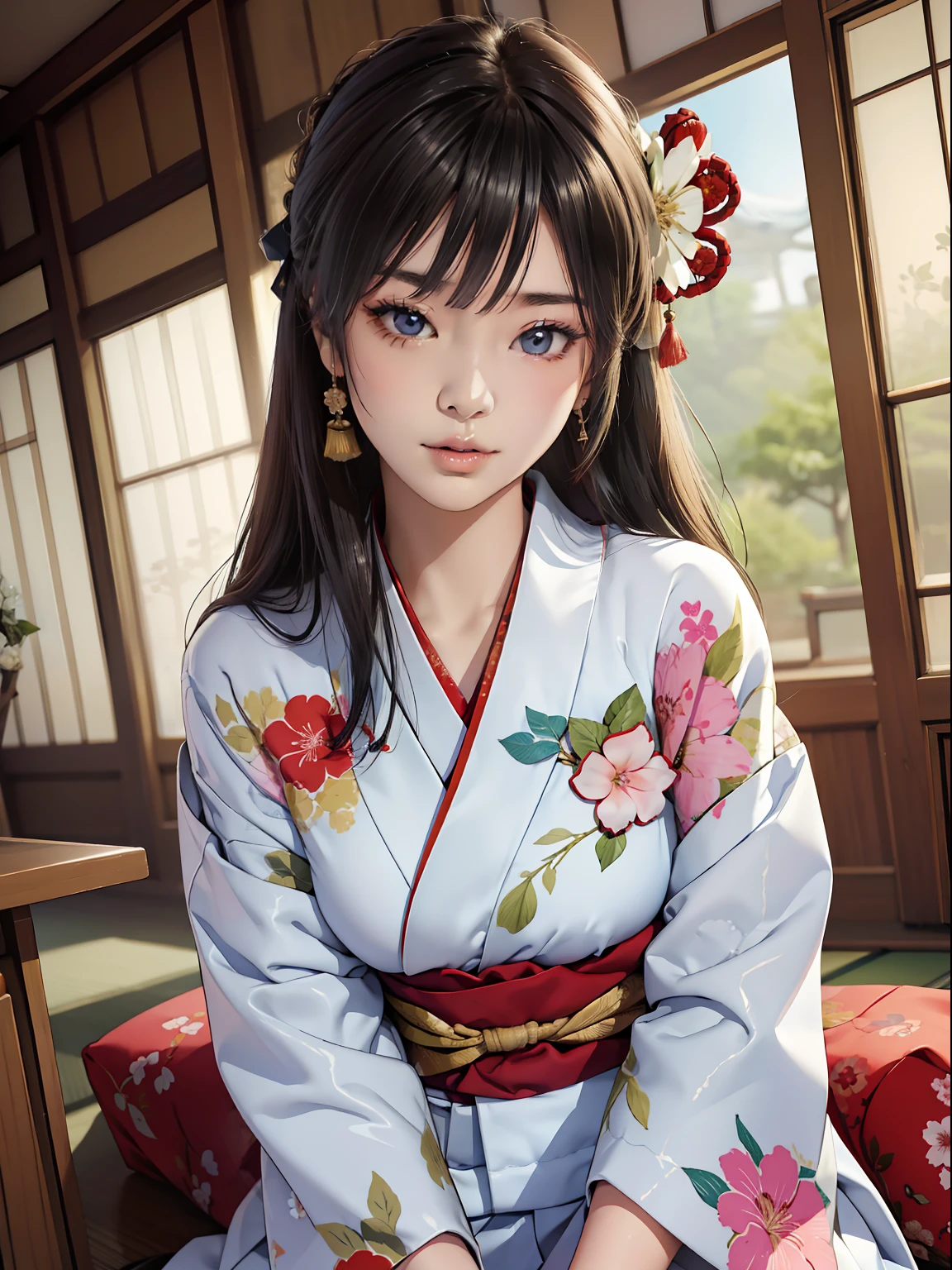 Master Pieces,hyper quality, Hyper Detailed,Perfect drawing,独奏、Beauty in the world、Komono、Japanese dress、Black-haired、Japanese hair、Colorful Japan kimono、Nishijin Ori、Delicate and smart eyes、Half-open lips、sidelong glance、Graceful、Gorgeous、Beautiful、red blush(0.2)、Dazzling、Stunning、Gorgeous、Gentle、Shunguang、natural soft light、Flowers and Birds Fugetsu、traditional Japanese room、Accurate drawing、Detailed drawing