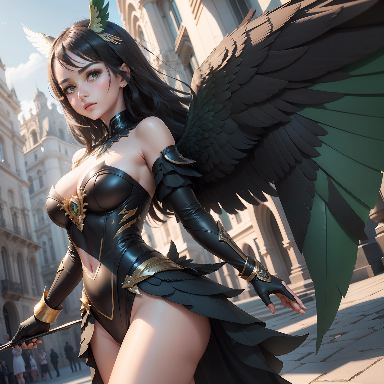 A pretty woman, perfect figure, black hair, green eyes, green wings,  (extremely detailed CG unity 32k, masterpiece, best quality, ultra-detailed)  ultra realistic wings, super focus detail wings,(best quality: 1.1), (masterpiece: 1.1), (Valencia: 1 girl girl), a masterpiece, bestquality, raw photo, realistic, FACE, highly detail, highly sharp, highly focus, real bird's wings, 3d, focus sharp,