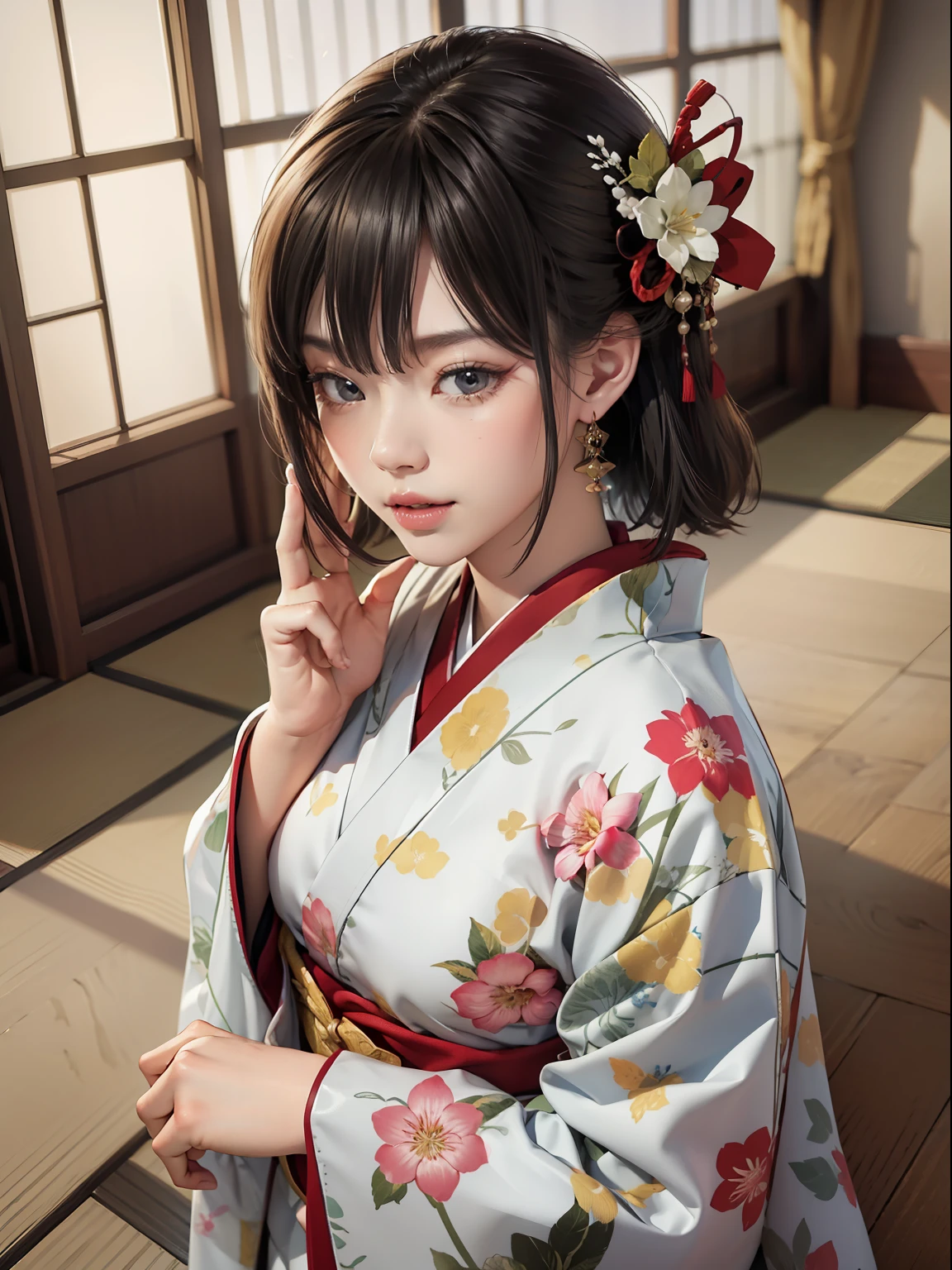 Master Pieces,hyper quality, Hyper Detailed,Perfect drawing,独奏、Beauty in the world、Komono、Japanese dress、Black-haired、Japanese hair、Colorful Japan kimono、Nishijin Ori、Delicate and smart eyes、Half-open lips、sidelong glance、Graceful、Gorgeous、Beautiful、red blush(0.2)、Dazzling、Stunning、Gorgeous、Gentle、Shunguang、natural soft light、Flowers and Birds Fugetsu、traditional Japanese room、Accurate drawing、Detailed drawing