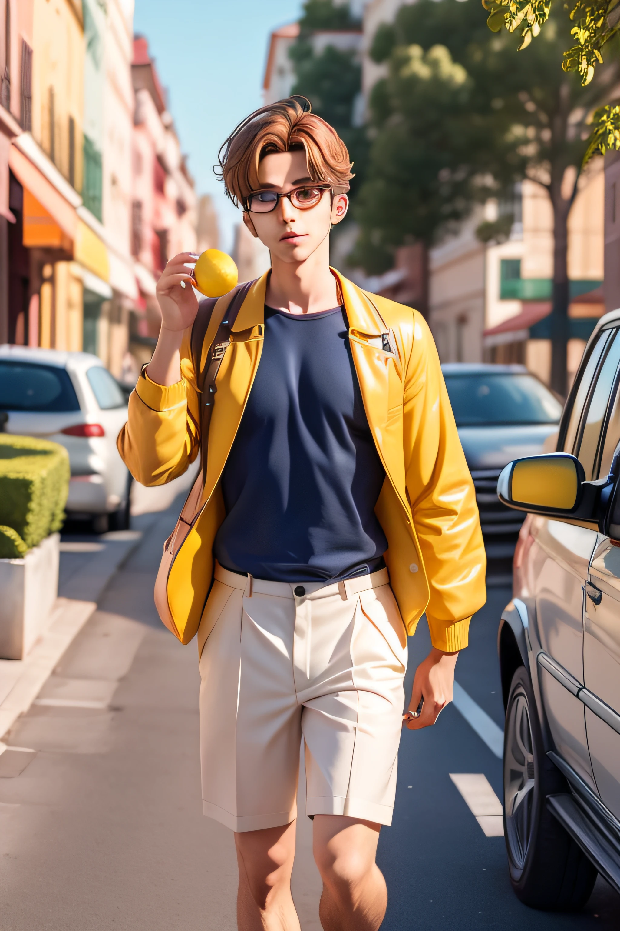 Handsome and sunny boy Fashion outfit Street side lemon in hand Photo quality anime surreal Half-rim glasses Delicate facial features