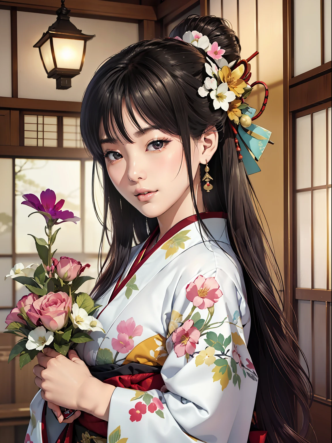 Master Pieces,hyper quality, Hyper Detailed,Perfect drawing,独奏、Beauty in the world、Komono、Japanese dress、Black-haired、Japanese hair、Colorful Japan kimono、Nishijin Ori、Delicate and smart eyes、Half-open lips、sidelong glance、Graceful、Gorgeous、Beautiful、red blush(0.2)、Dazzling、Stunning、Gorgeous、Gentle、Shunguang、natural soft light、Flowers and Birds Fugetsu、traditional Japanese room、Accurate drawing、Detailed drawing