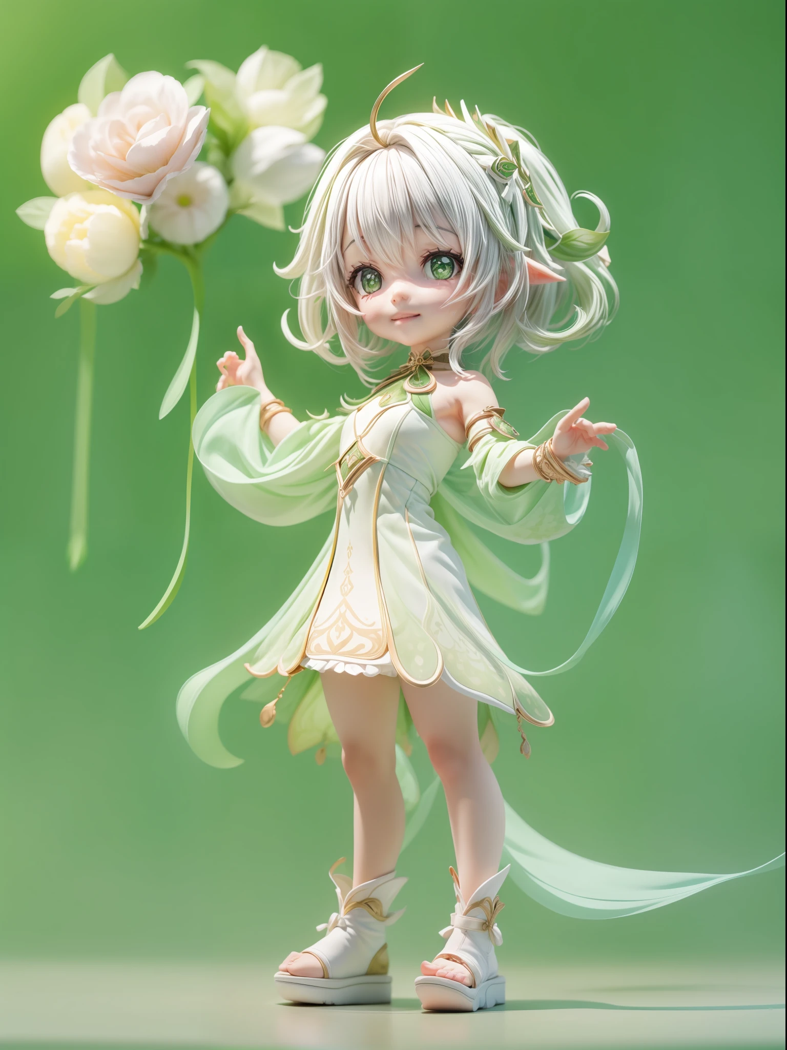 (Blind box toy style:1.3), (Full body shot) , 1 masterpiece, Best quality, ((anatomy correct，1 girl solo)),(nahida：1.2) (Genshin Impact),smile, short hair,bare feet,middle skirt,dreamy glow,plastic style, Clean, Clean white background （circular base）( Global illumination, Ray traching, hdr, unreal render,reasonable design, high detal, Masterpiece, Best quality, hyper HD, Cinematic lighting)