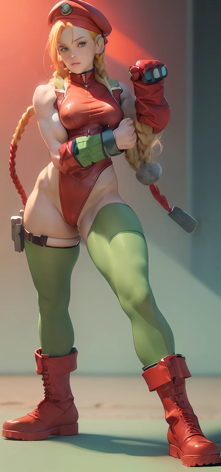 cammy white, clenched fists, twin braids, long hair, blonde hair, antenna hair, beret, (red headwear:1.3), blue eyes, scar on cheek, large breasts, green leotard, sleeveless, red gloves, fingerless gloves,