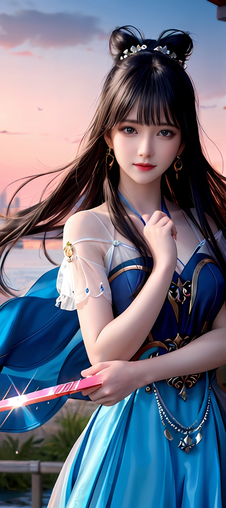 realisticity: 1.2), best quality, masterpiece, highres, cg, 1girl, weapon, sword, long hair, dress, water, solo, jewelry, blue dress, earrings, hair ornament, splashing, upper body super realistis, hair bun, blue and pink hair, city backgraun realistis, lighting,candid, Photograph, high resolution, 4k, 8k, Bokeh,